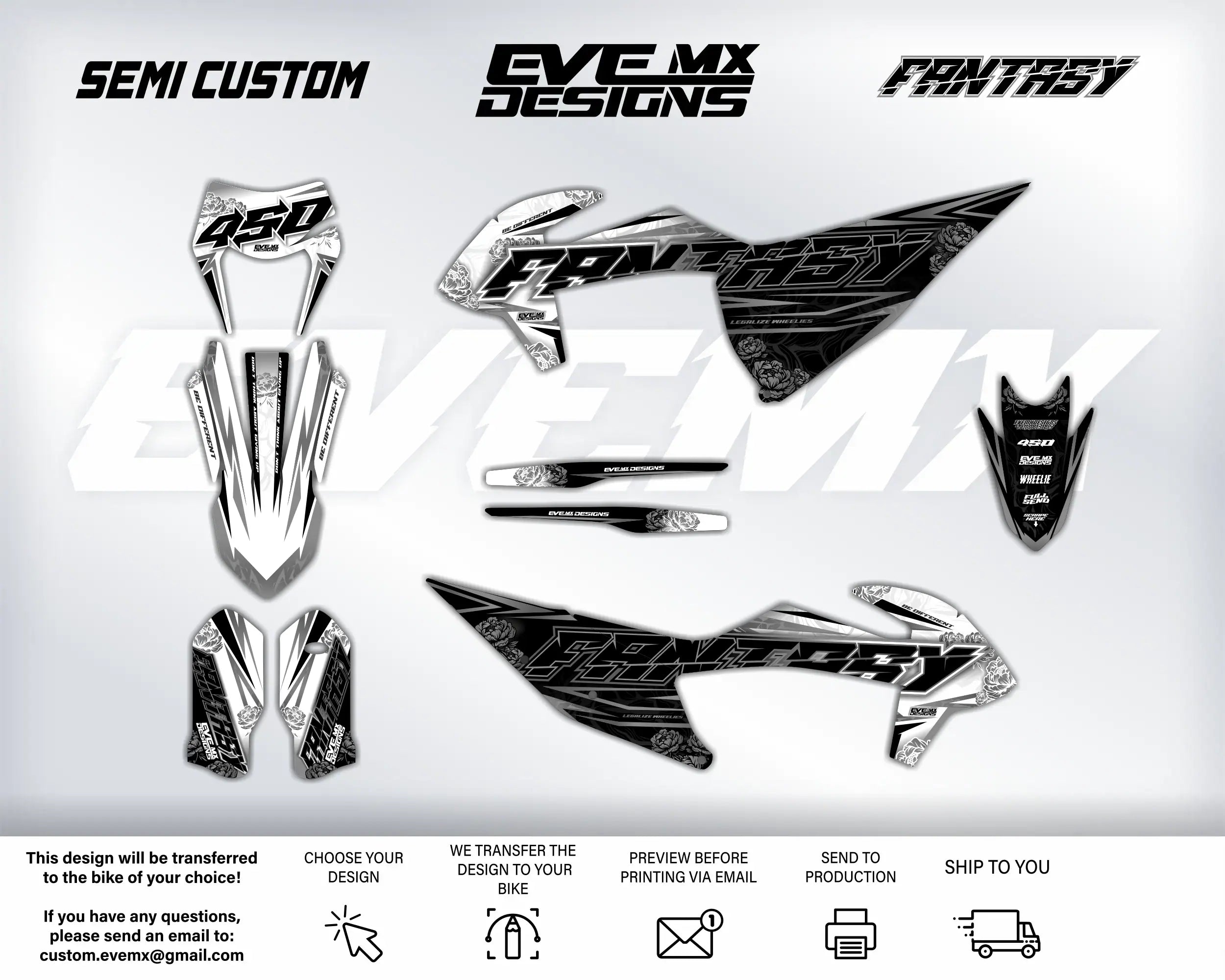 Motorcycle graphics kit with various EveMx Designs designs on a white background