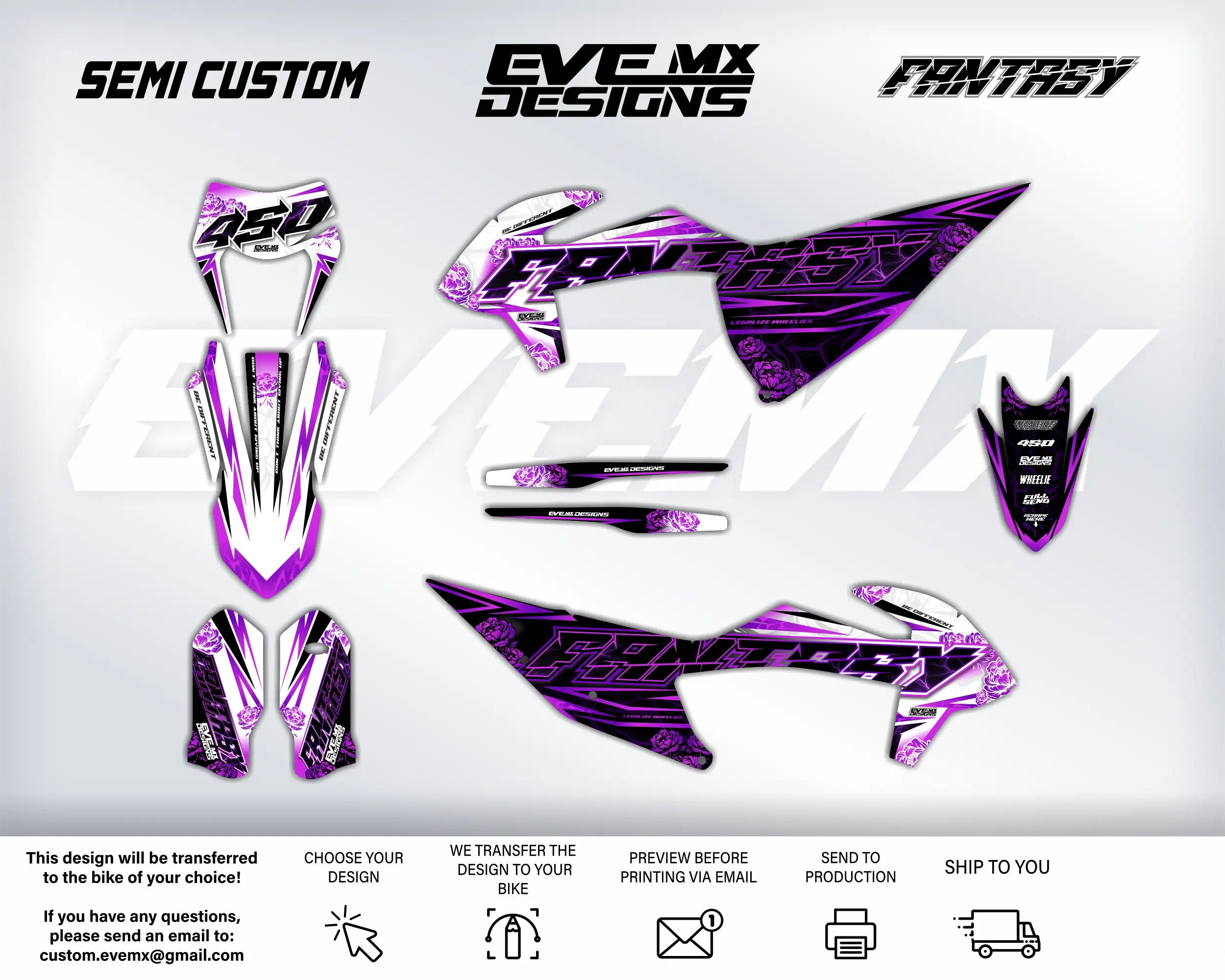 Purple and black motorcycle decals with EveMx Designs brand names on a white background