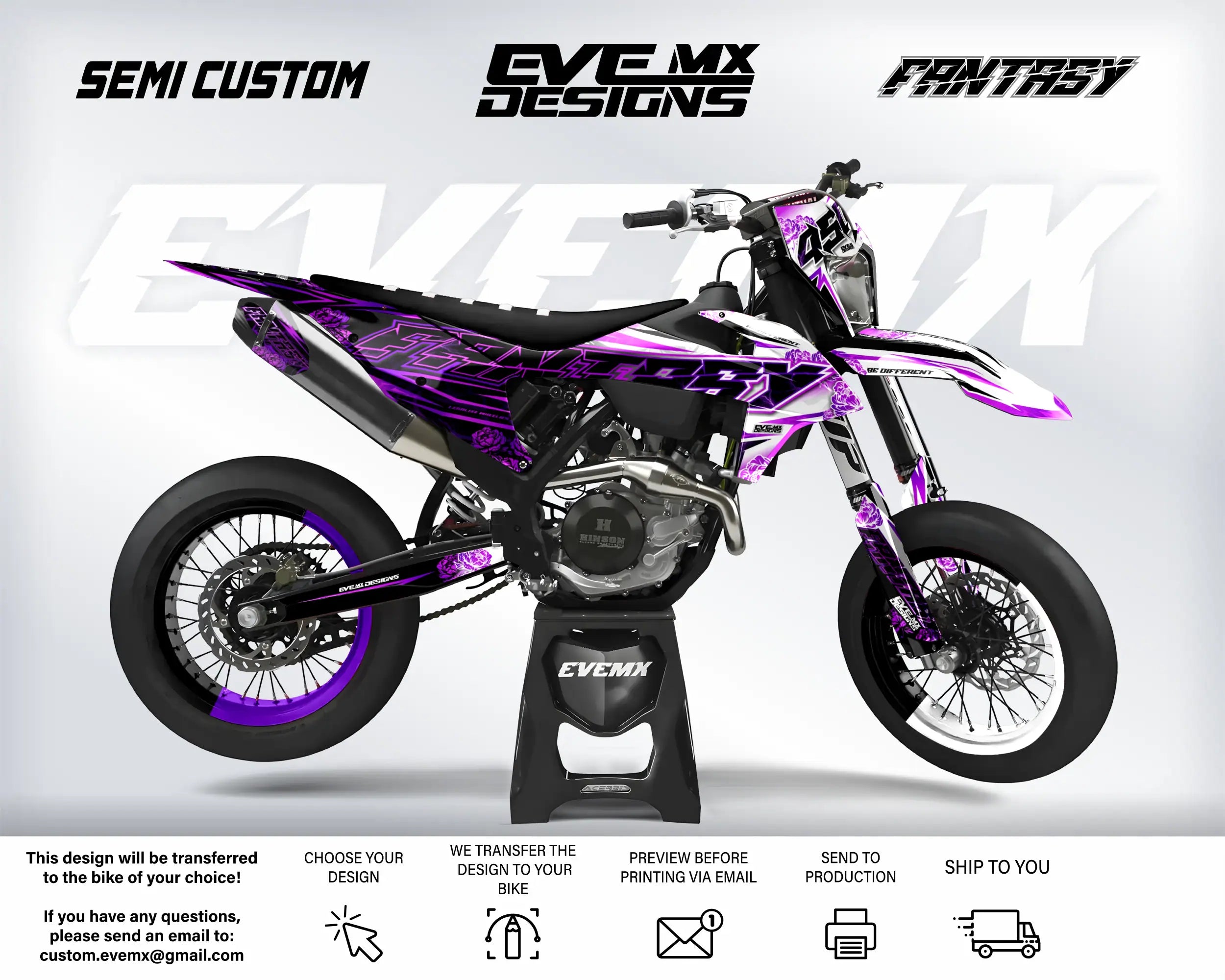 Motorcycle with purple and black design on a white background, featuring 'EveMX Designs' branding.