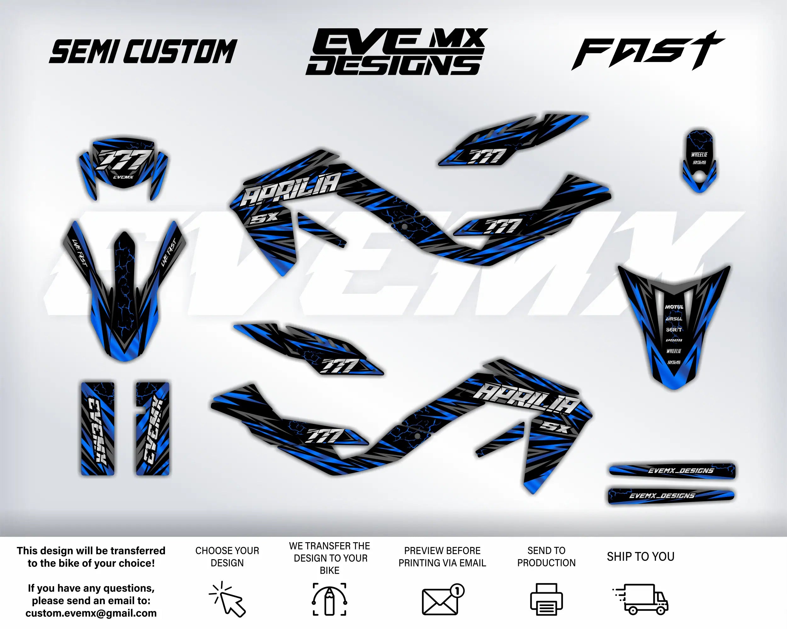 Motorcycle decals with 'EveMX Designs' branding on a white background
