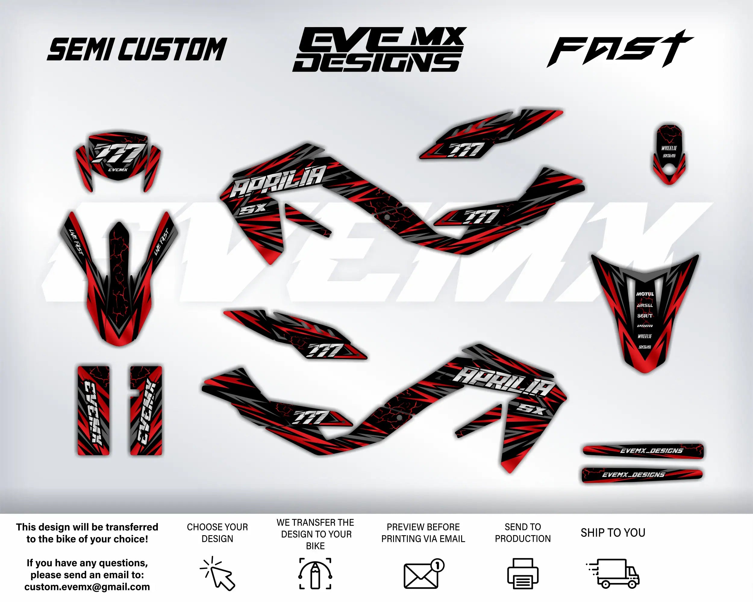 Collection of motorcycle decals with visible EveMx Designs branding on a white background
