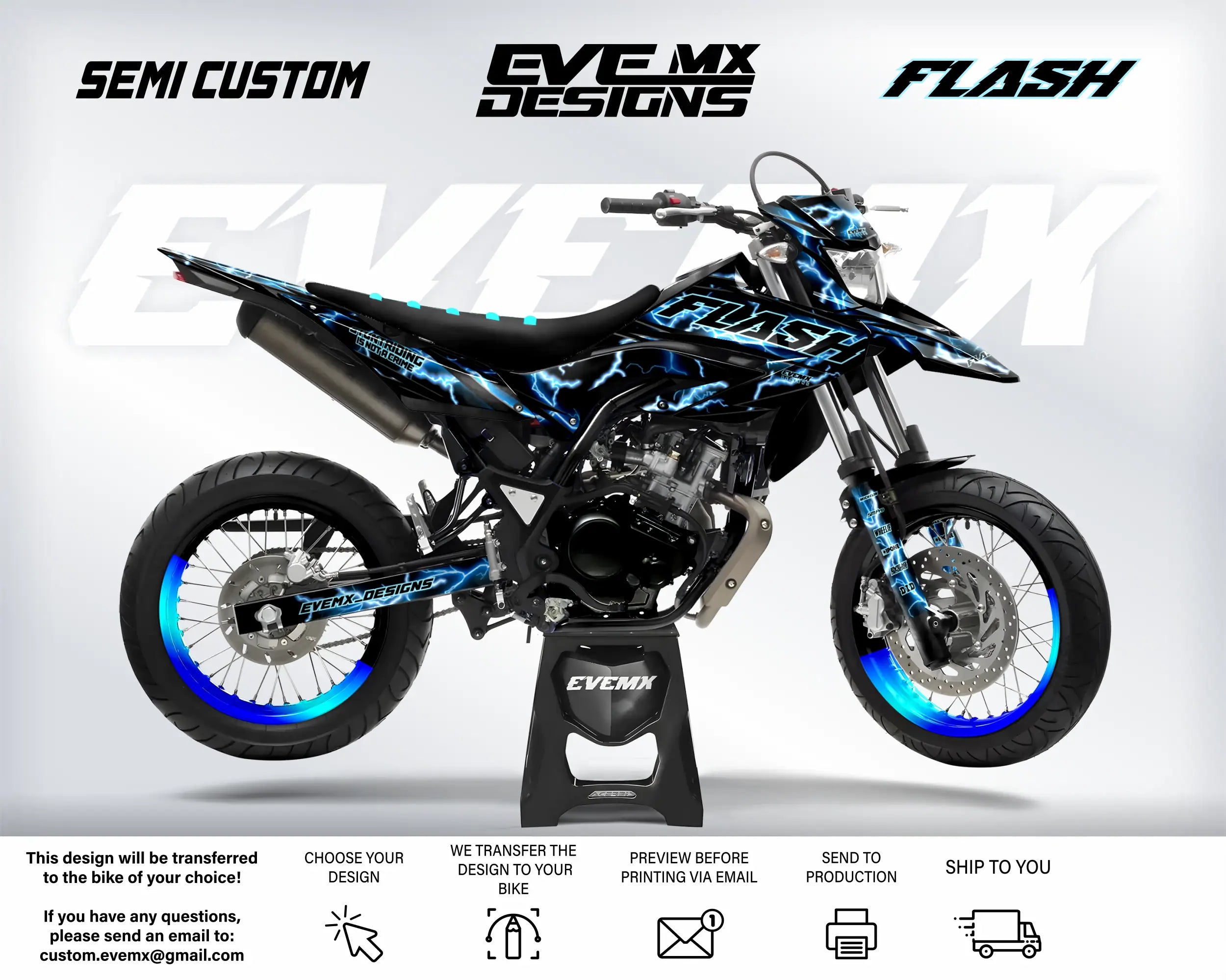 Motorcycle with blue and black design on a white background, featuring 'EveMX Designs' branding.