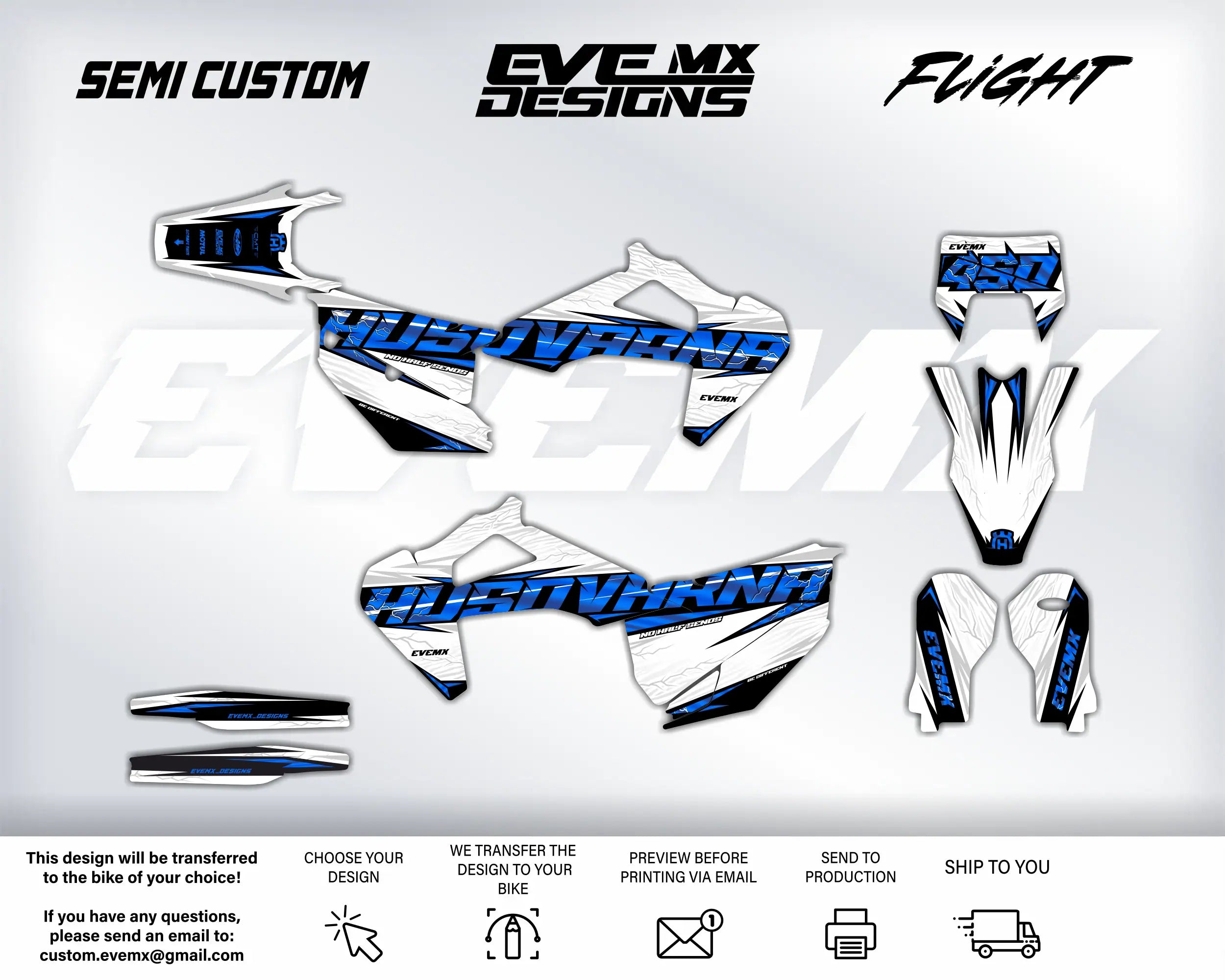 Motorcycle wrap design with 'Husqvarna' branding and 'EveMX Designs' text on a white background.