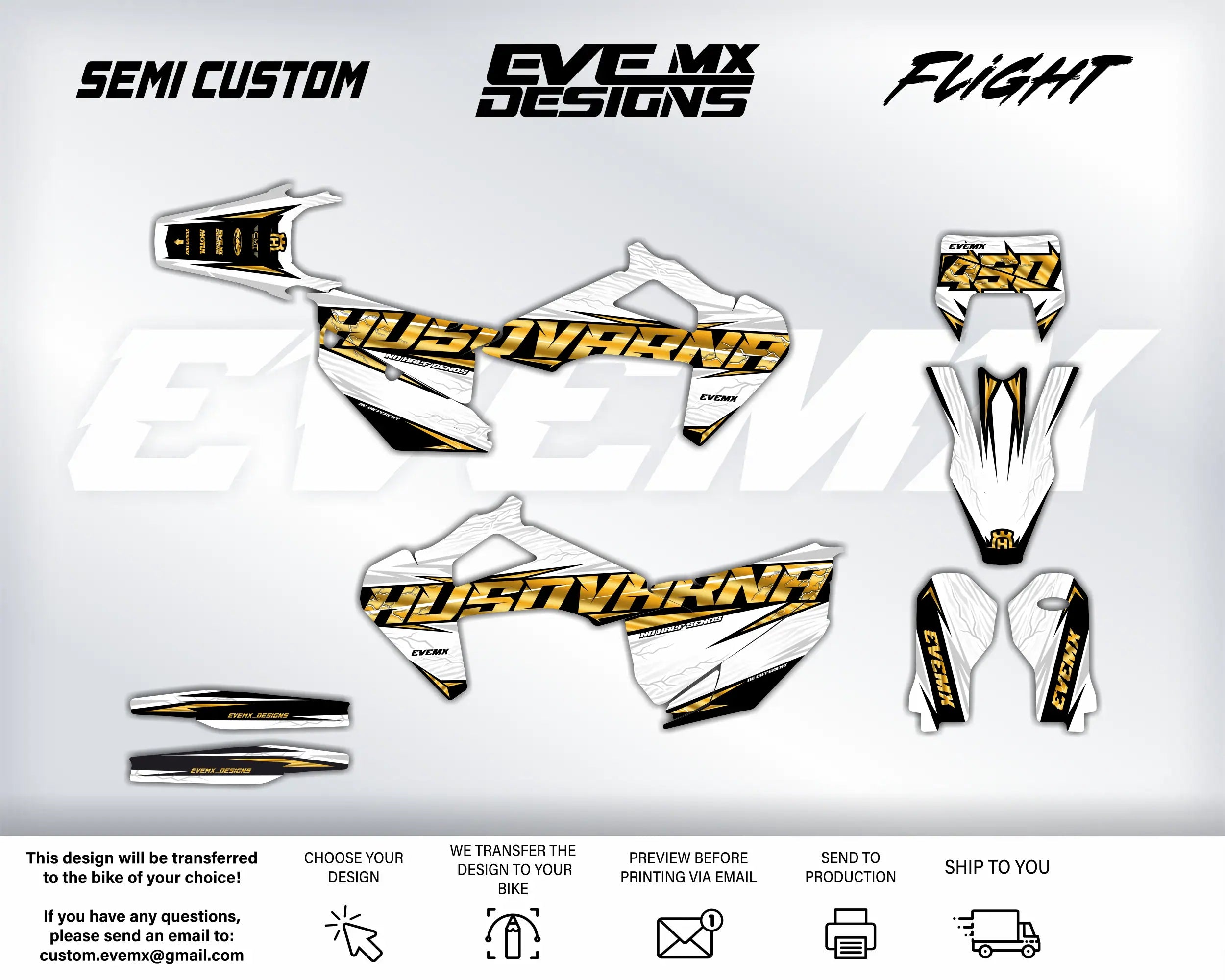 Motorcycle decals with Husqvarna branding on a white background, featuring 'Semi Custom', 'EveMX Designs', and 'Flight' text.