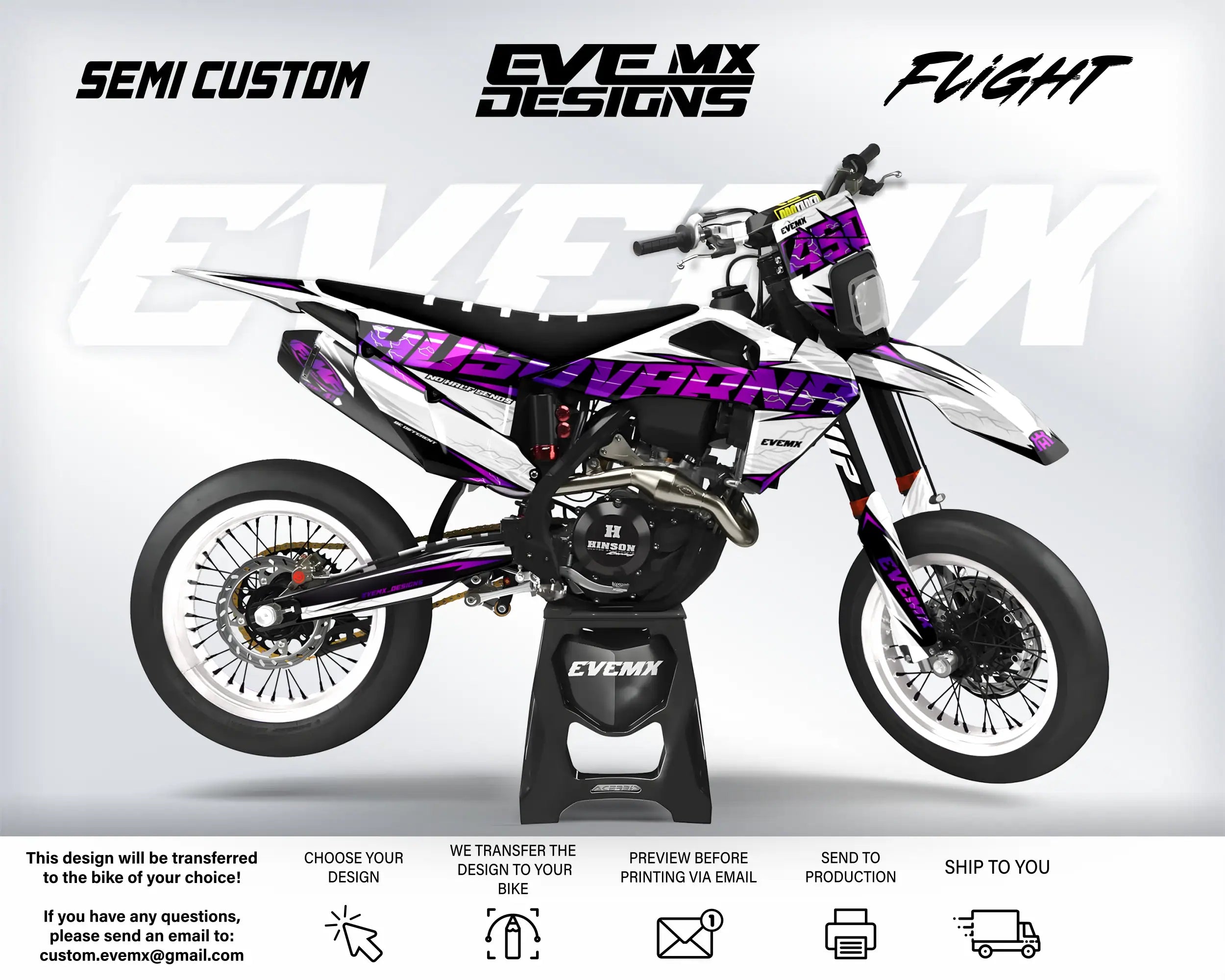 Motocross bike with 'EveMX Designs' branding on a white background