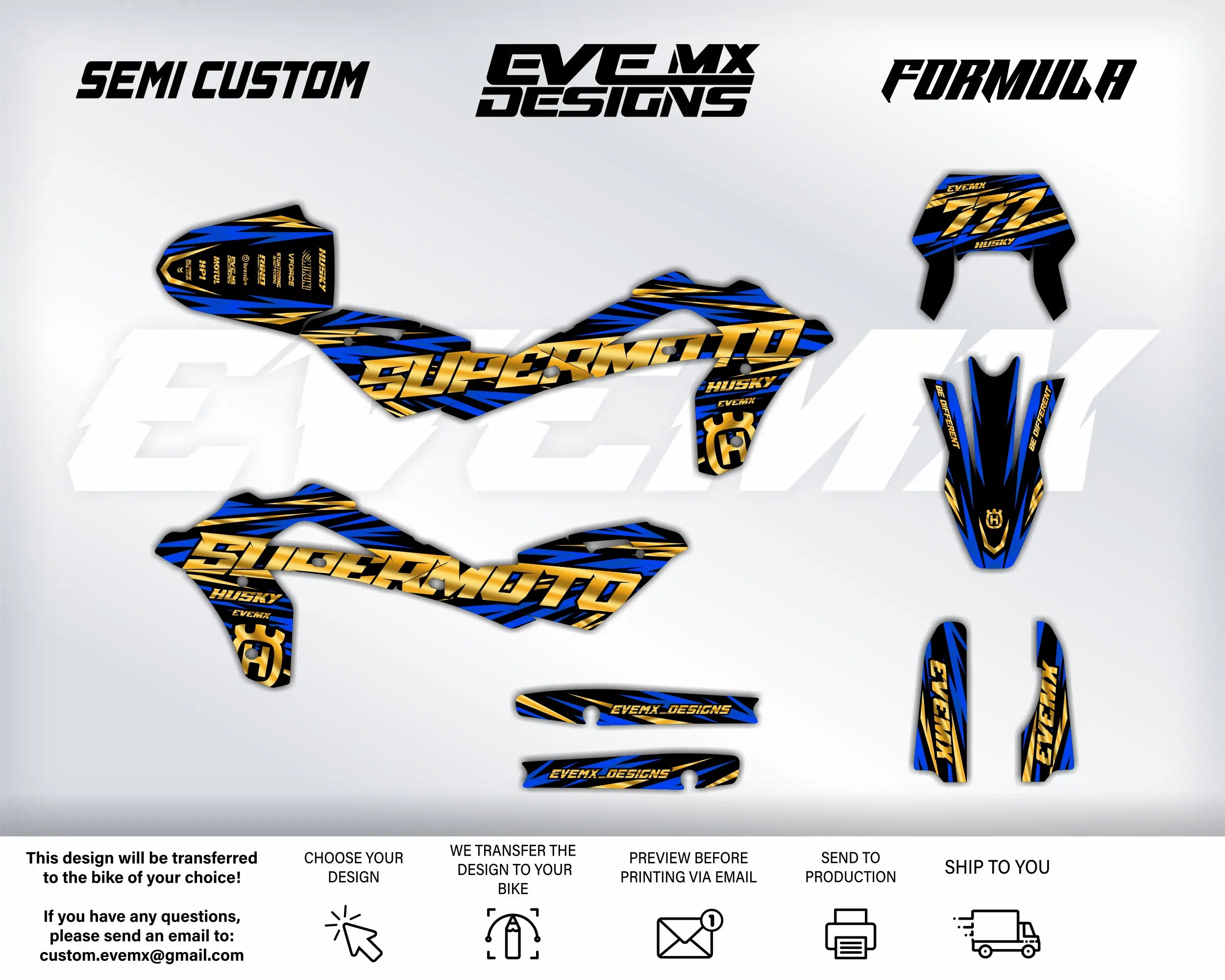 Motocross graphics kit with 'Semi Custom', 'EveMX Designs', and 'Formula' branding on a white background.