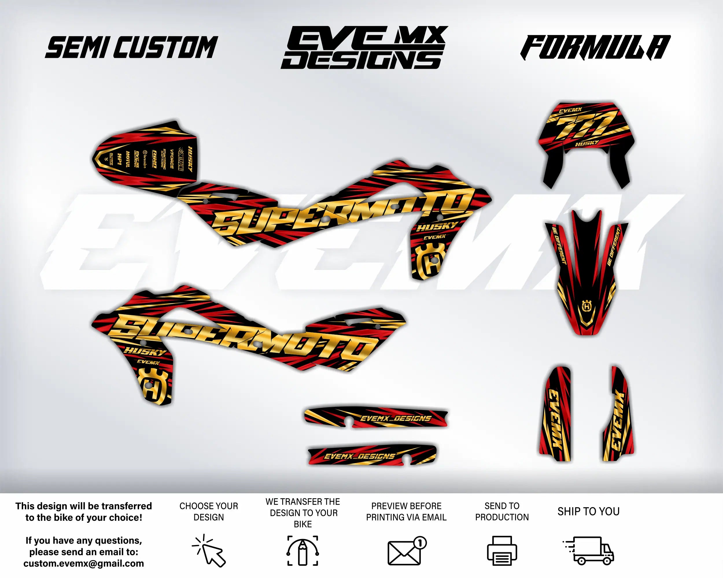 Motocross graphics kit with 'Semi Custom', 'EveMX Designs', and 'Formula' branding on a white background.