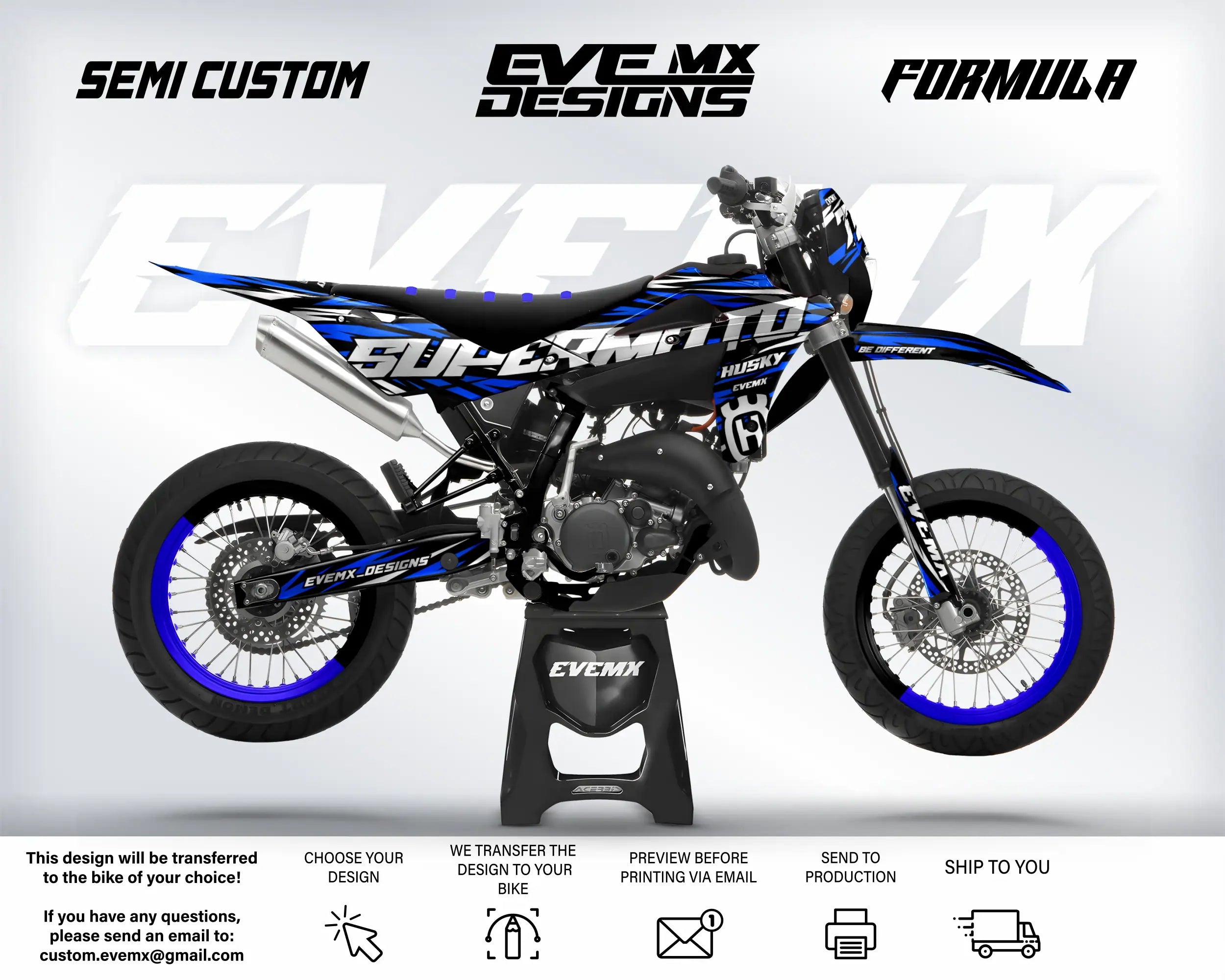 Motorcycle with 'EveMX Designs' branding on a white background