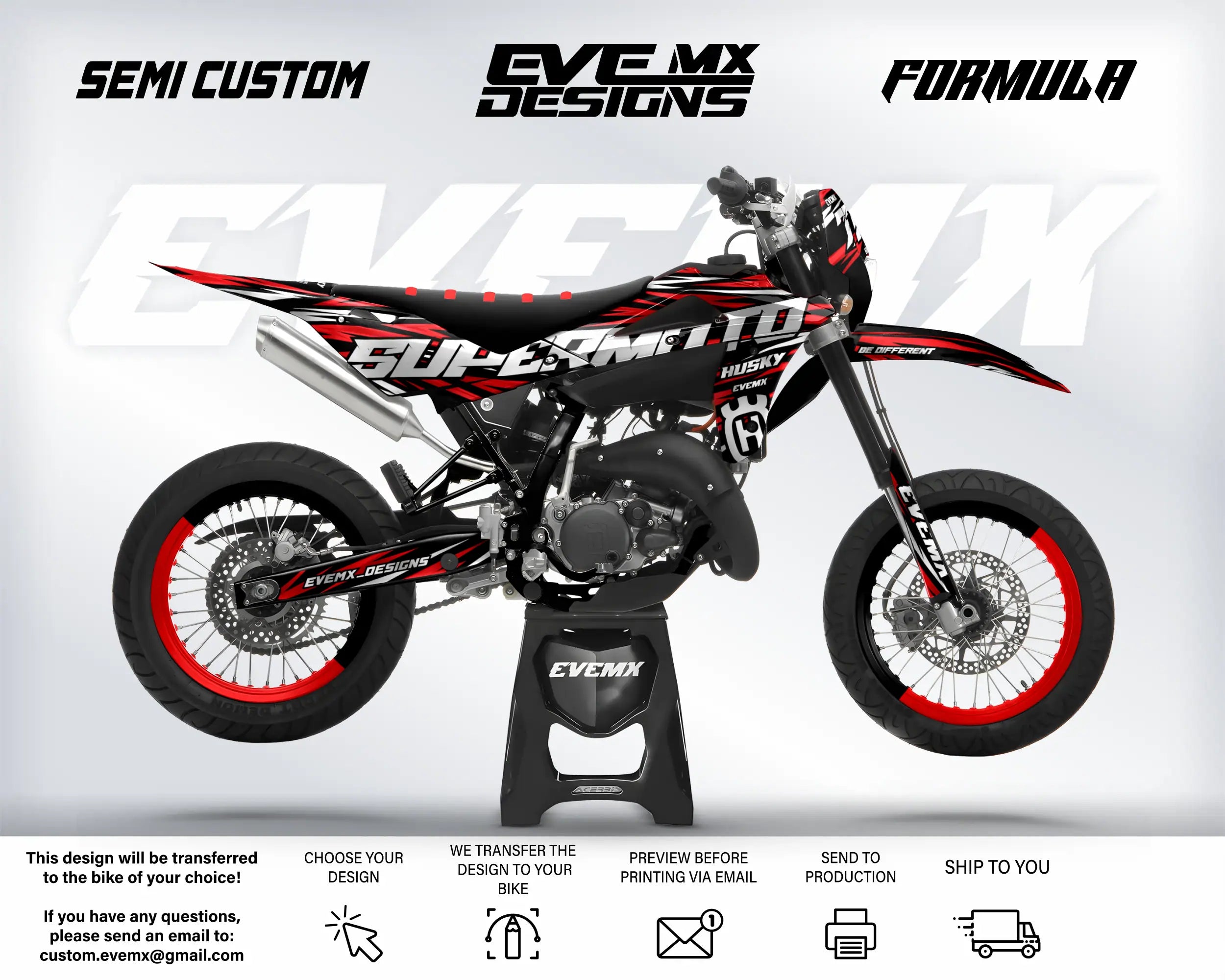 Motocross bike with 'EveMX Designs' branding on a white background