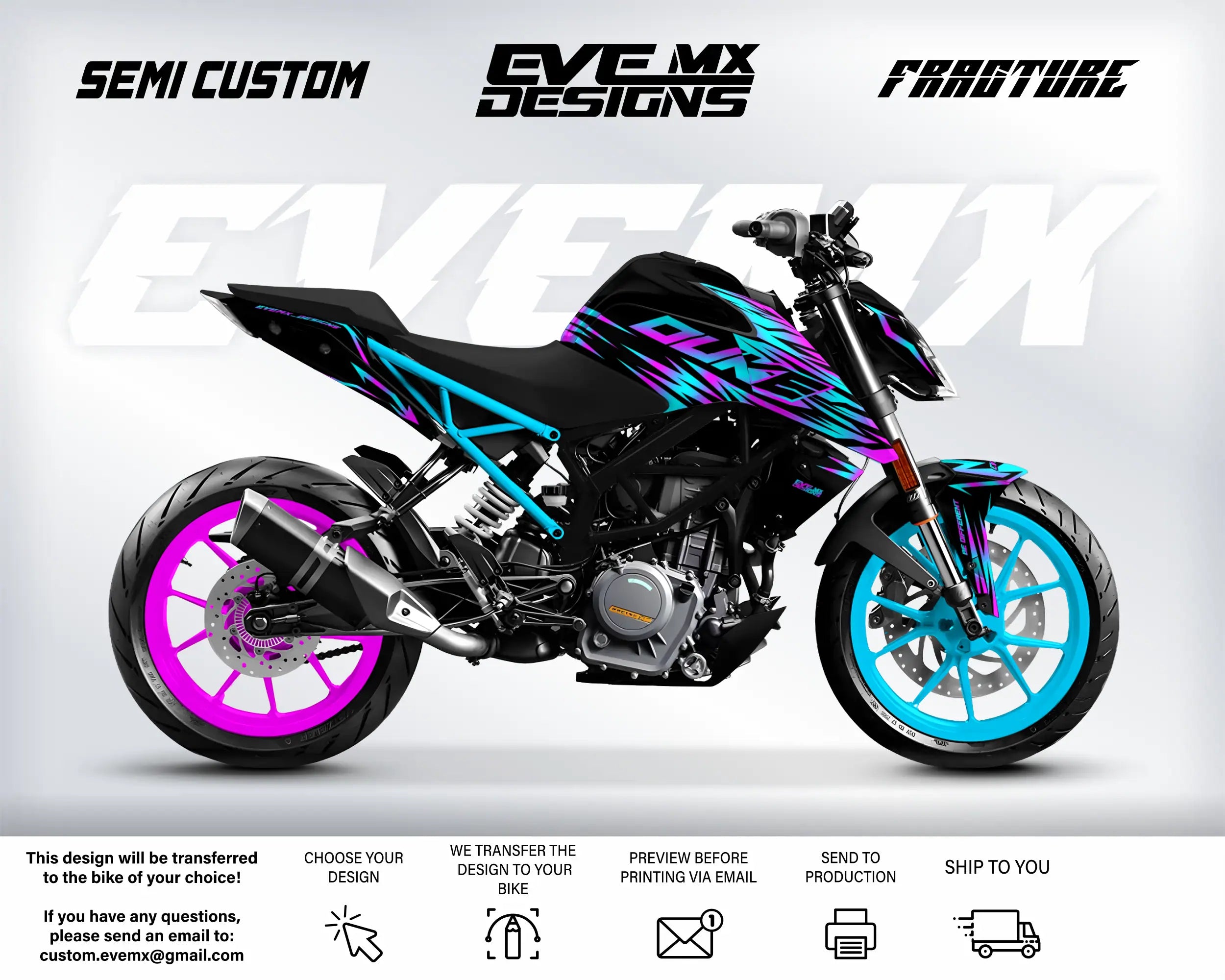 Motorcycle with custom design on a white background, featuring EveMX Designs branding and design transfer information.