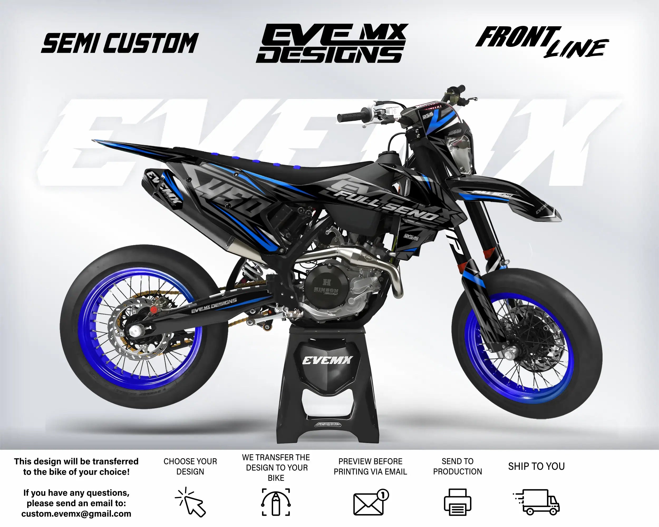 Motorcycle with 'EveMX Designs' branding on a white background