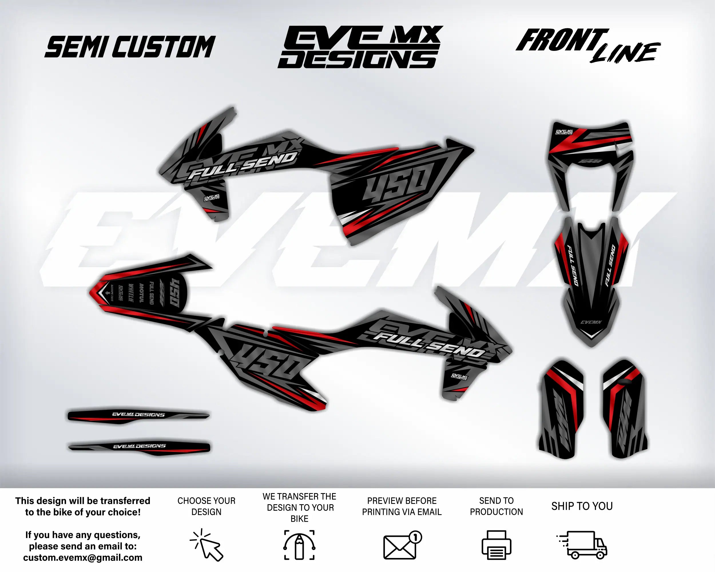 Motorcycle wrap design with 'EveMX Designs' branding on a white background