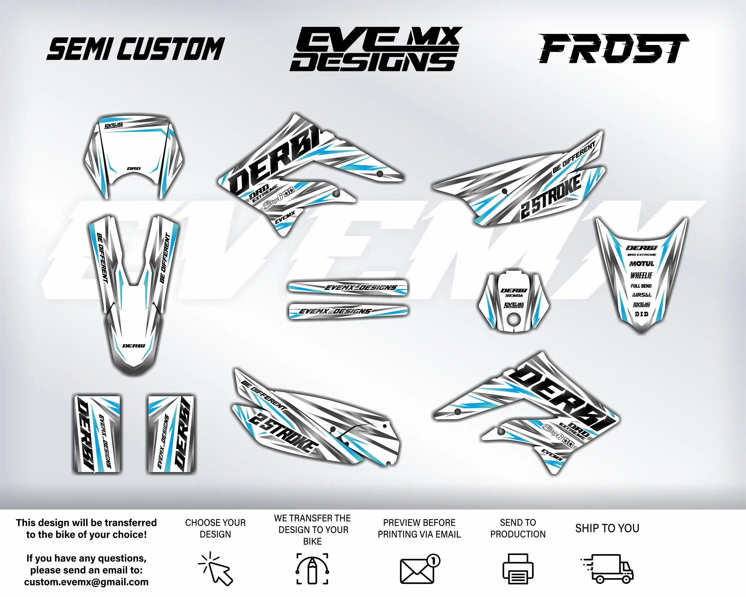 Collection of motorcycle decals with 'EVEMX Designs' branding on a gray background