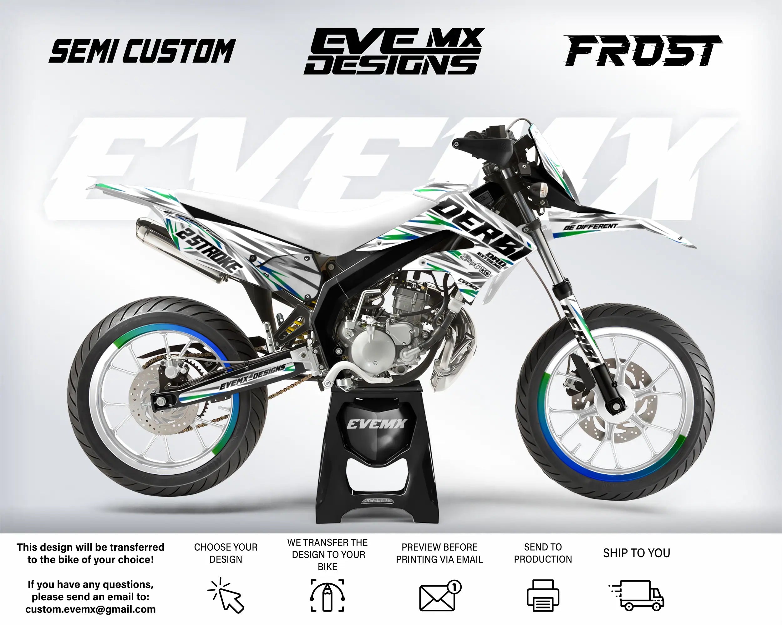 Motorcycle with 'EveMX Designs' branding on a white background