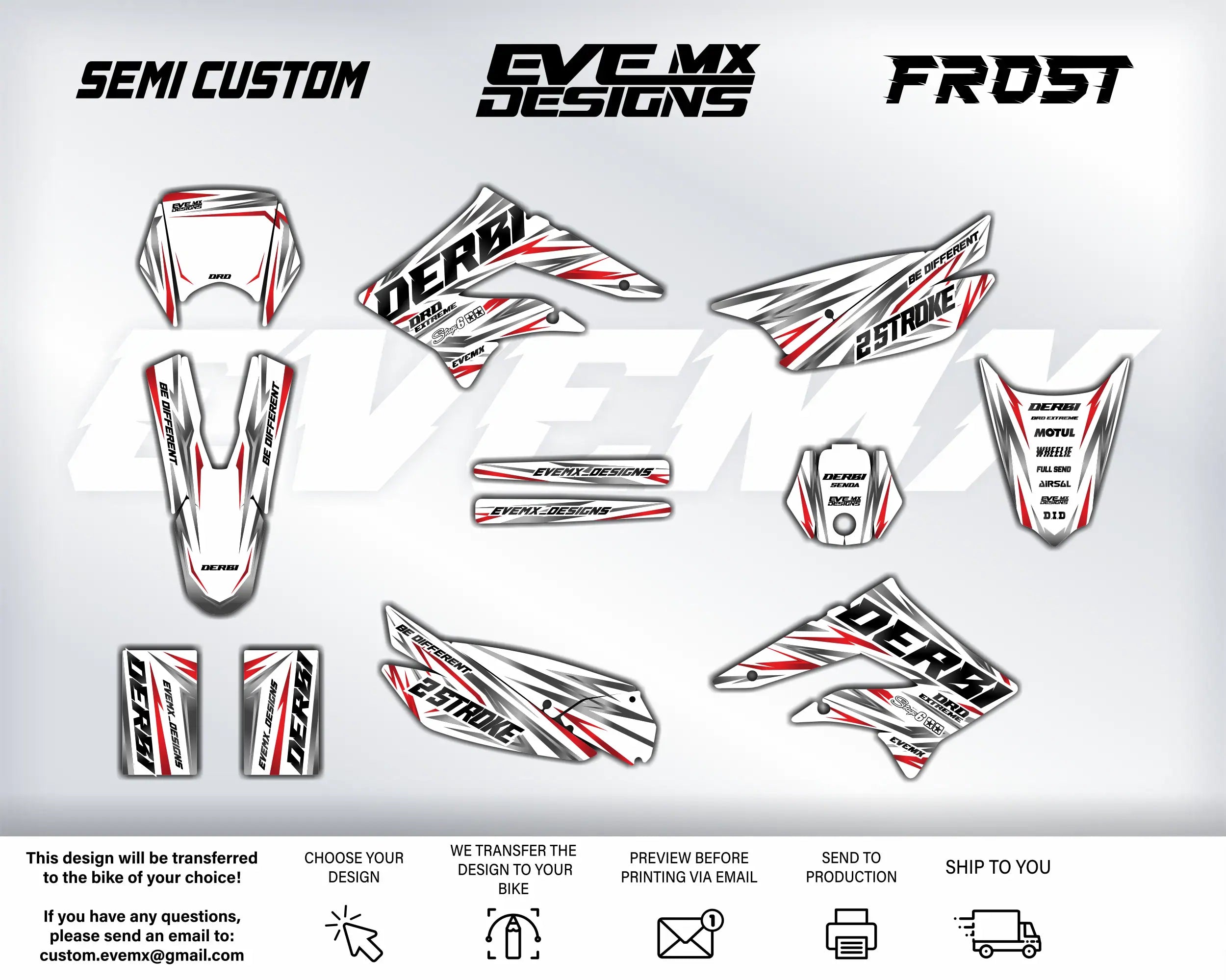 Collection of motorcycle decals with 'EVEMX Designs' branding on a white background