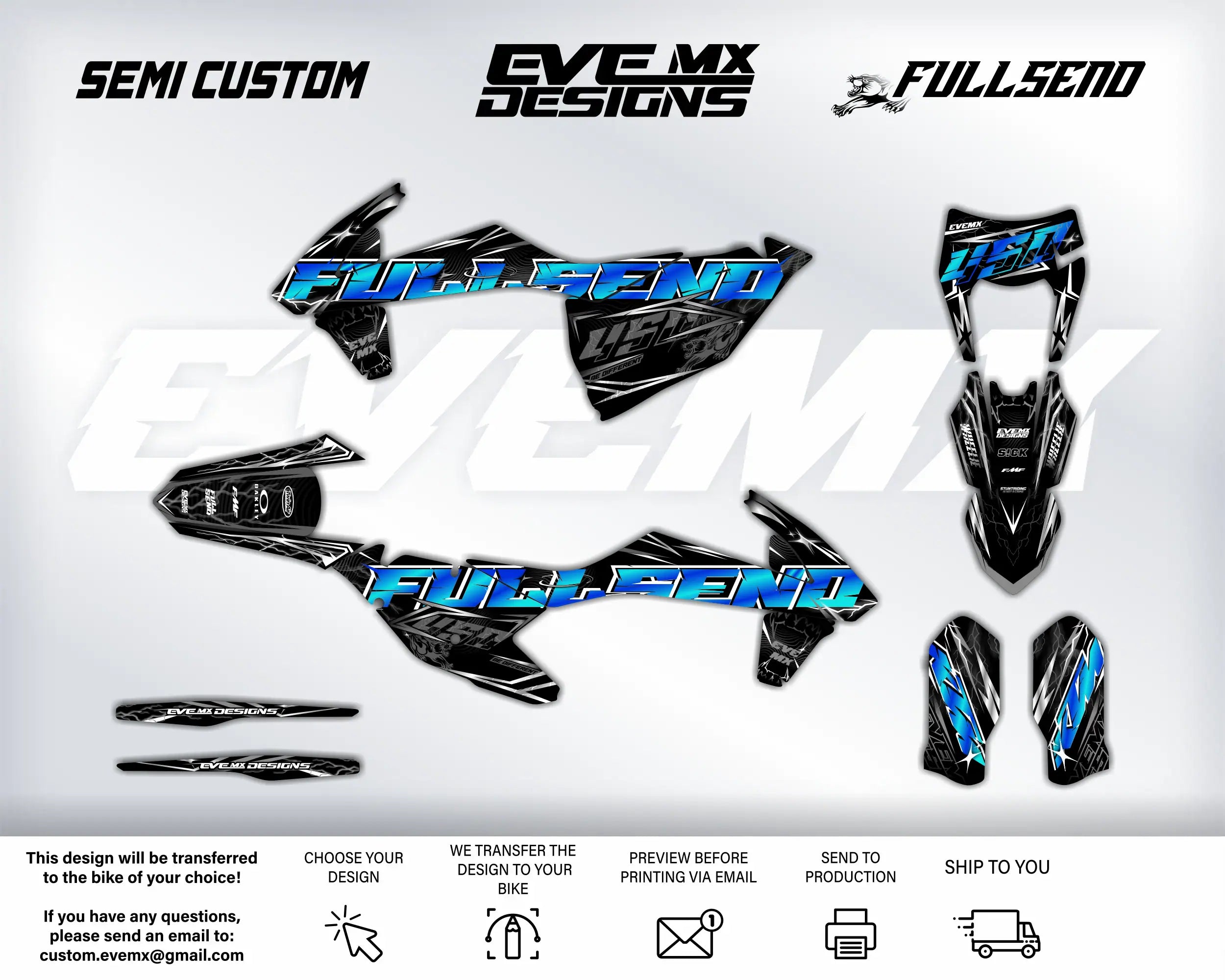 Motorcycle wrap design with Full Send EveMx Designs branding on a white background