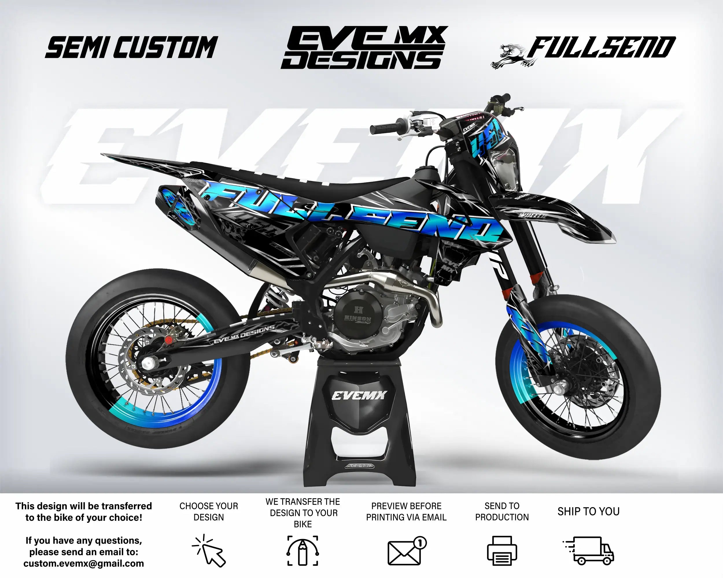 Motorcycle with 'Full Send' branding on a white background, featuring 'EveMX Designs'.
