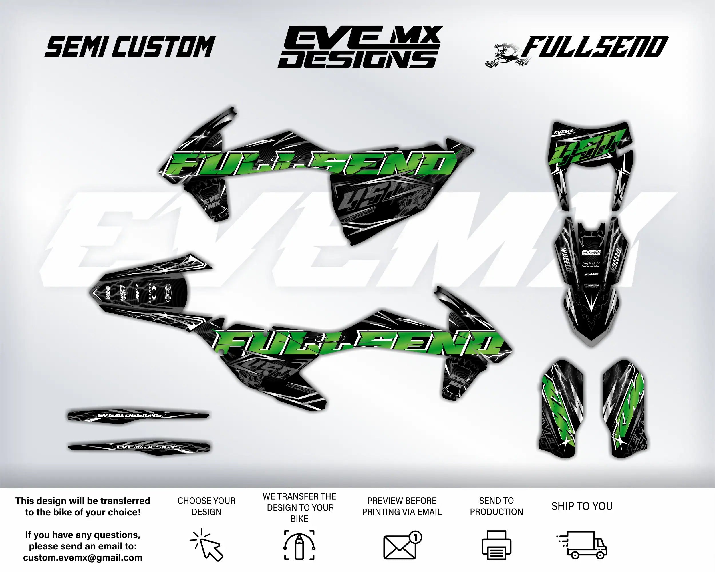 Motorcycle wrap design with 'Semi Custom', 'EveMX Designs', and 'Full Send' branding on a white background.