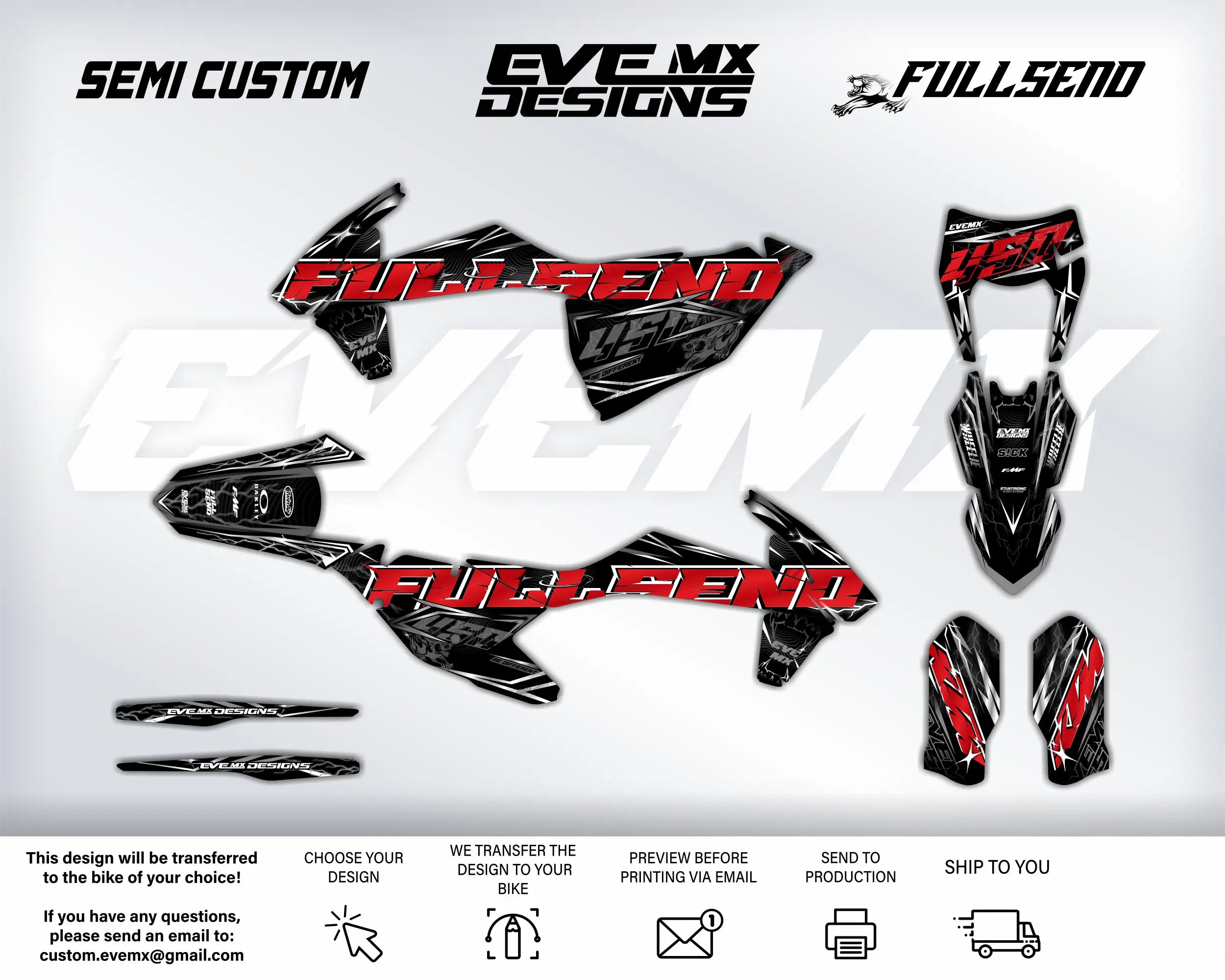 Motorcycle wrap design with 'Full Send' EveMx Designs branding on a white background