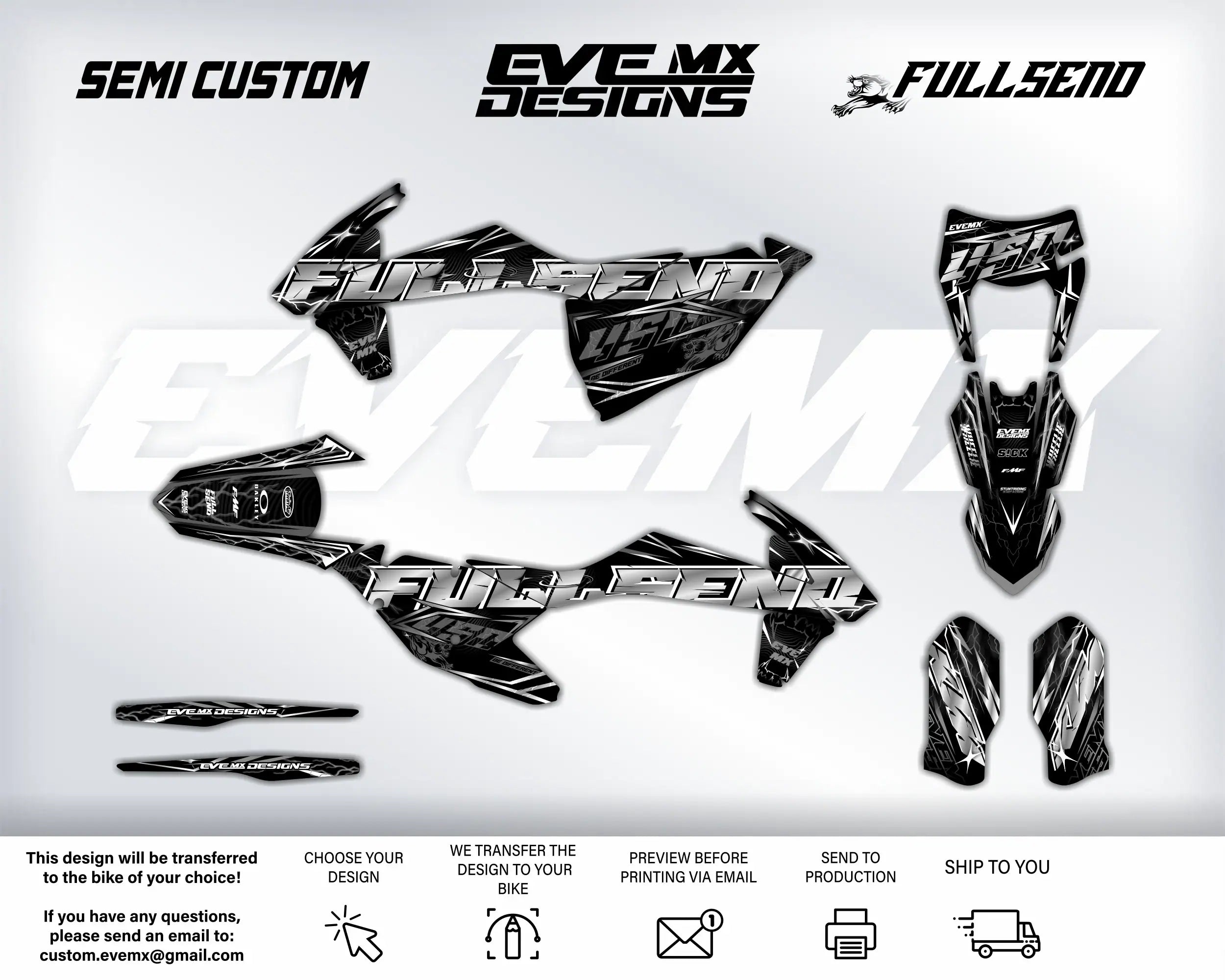 Motorcycle wrap design kit with EveMx Designs branding and product details on a white background