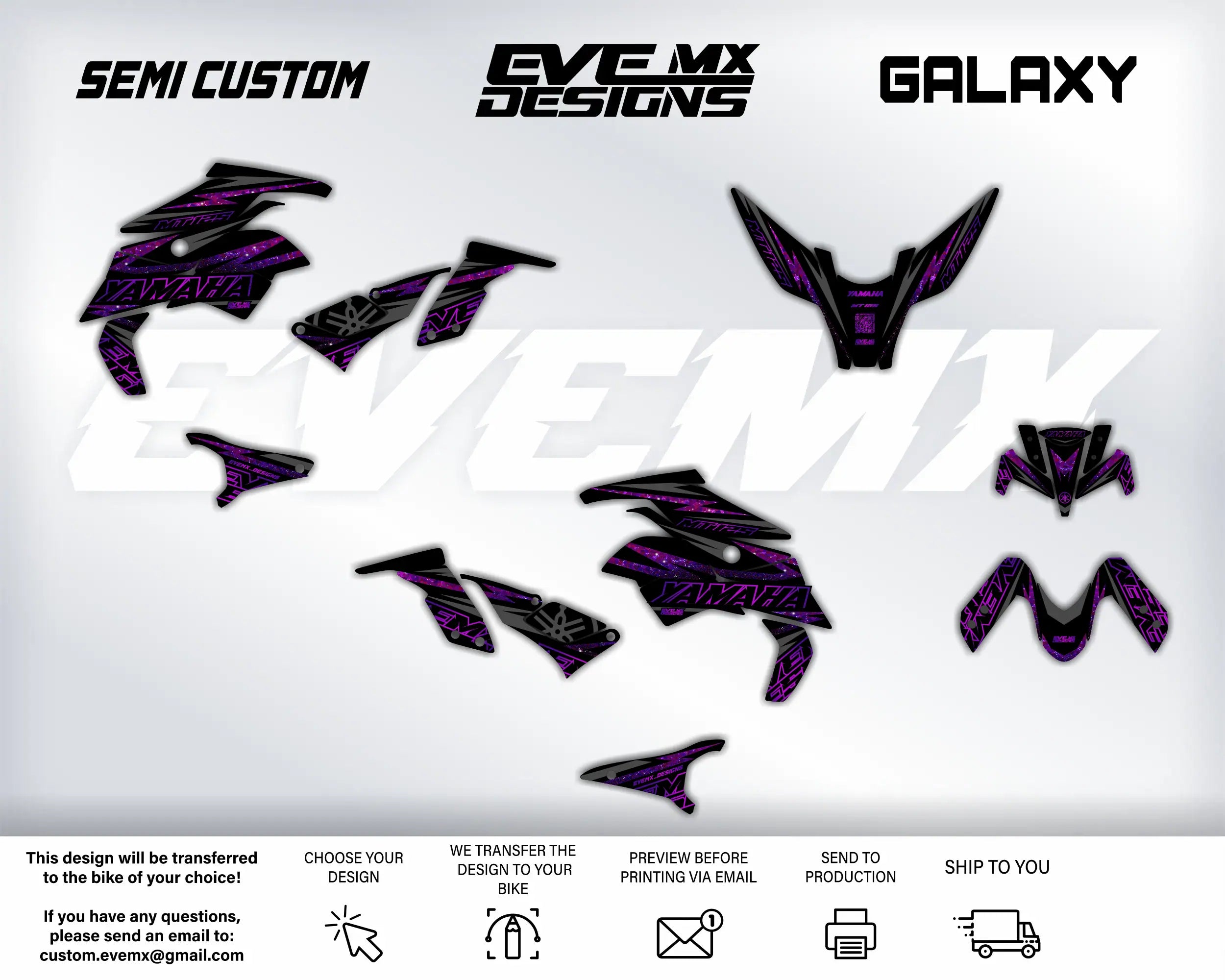 Motorcycle wrap design with 'EveMX Designs' branding on a white background
