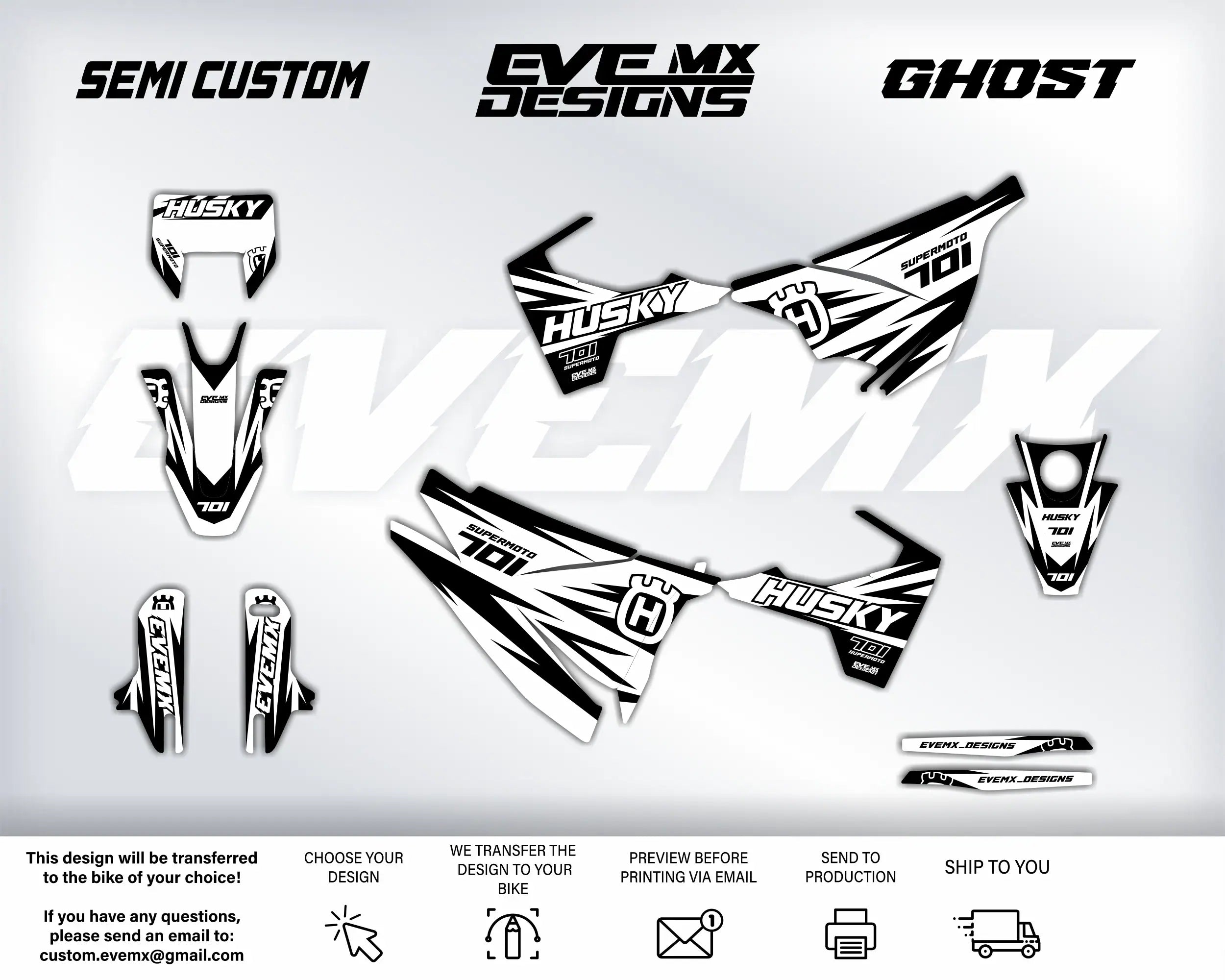Husky motorcycle decals with 'EVEMX Designs' branding on a white background