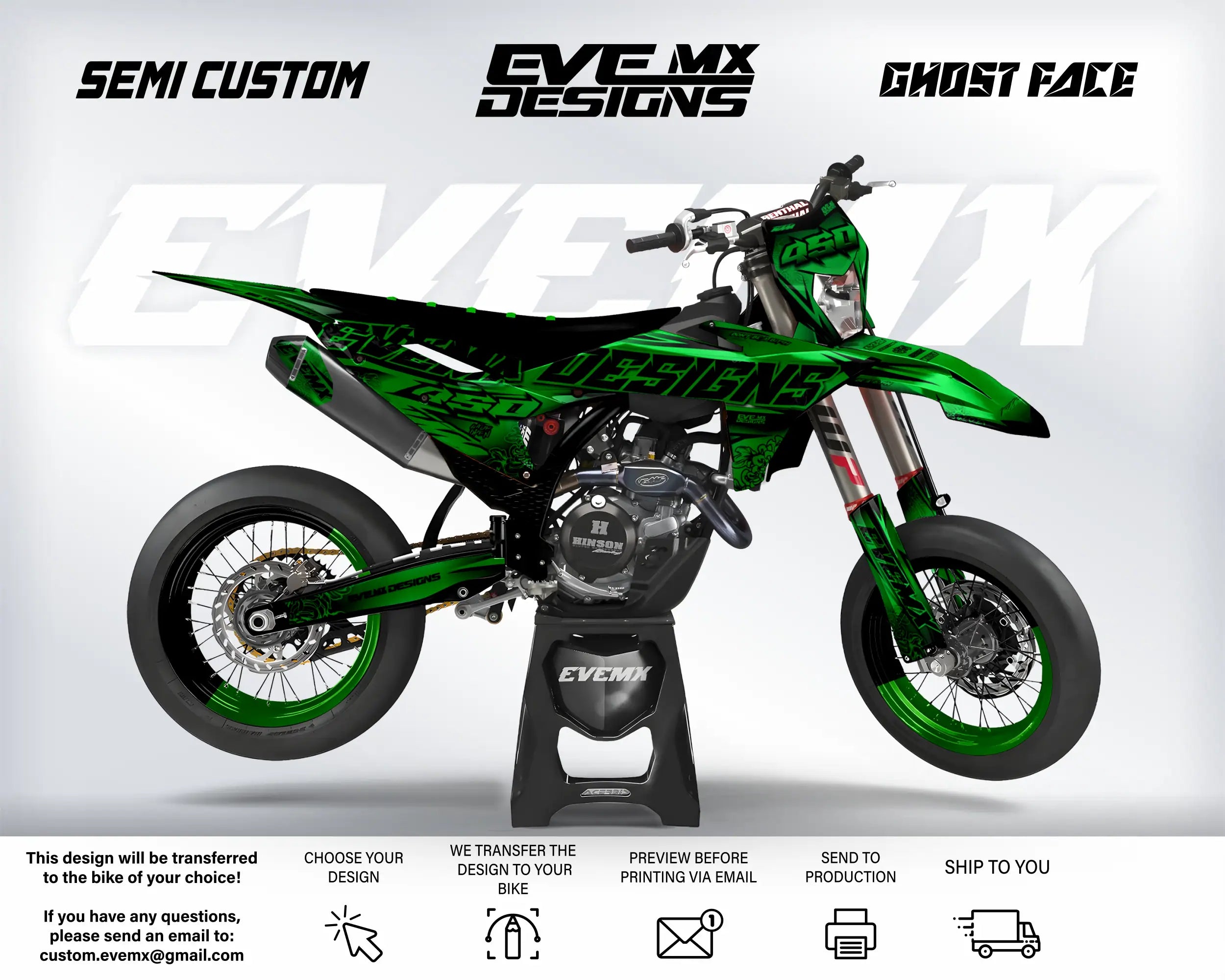 Green dirt bike with 'EveMX Designs' branding on a white background