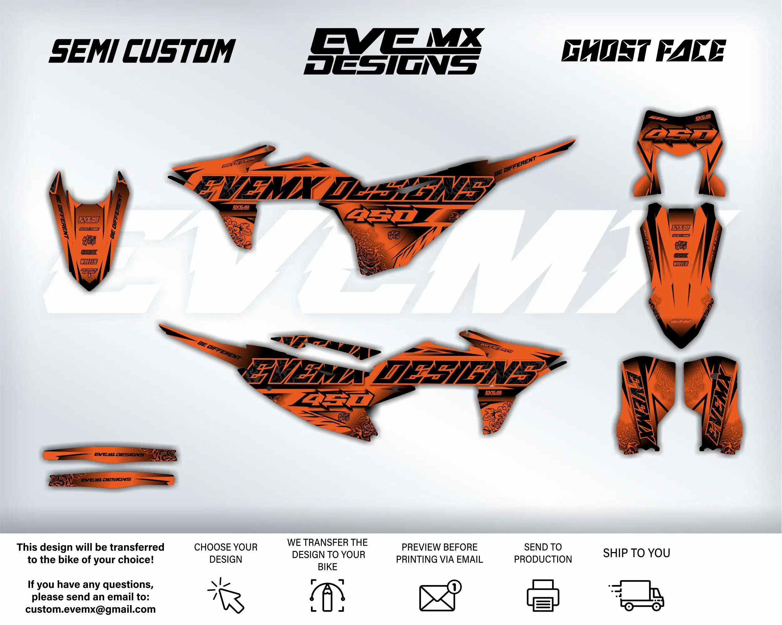 Orange and black motorcycle decals with 'EveMX Designs' branding on a white background.
