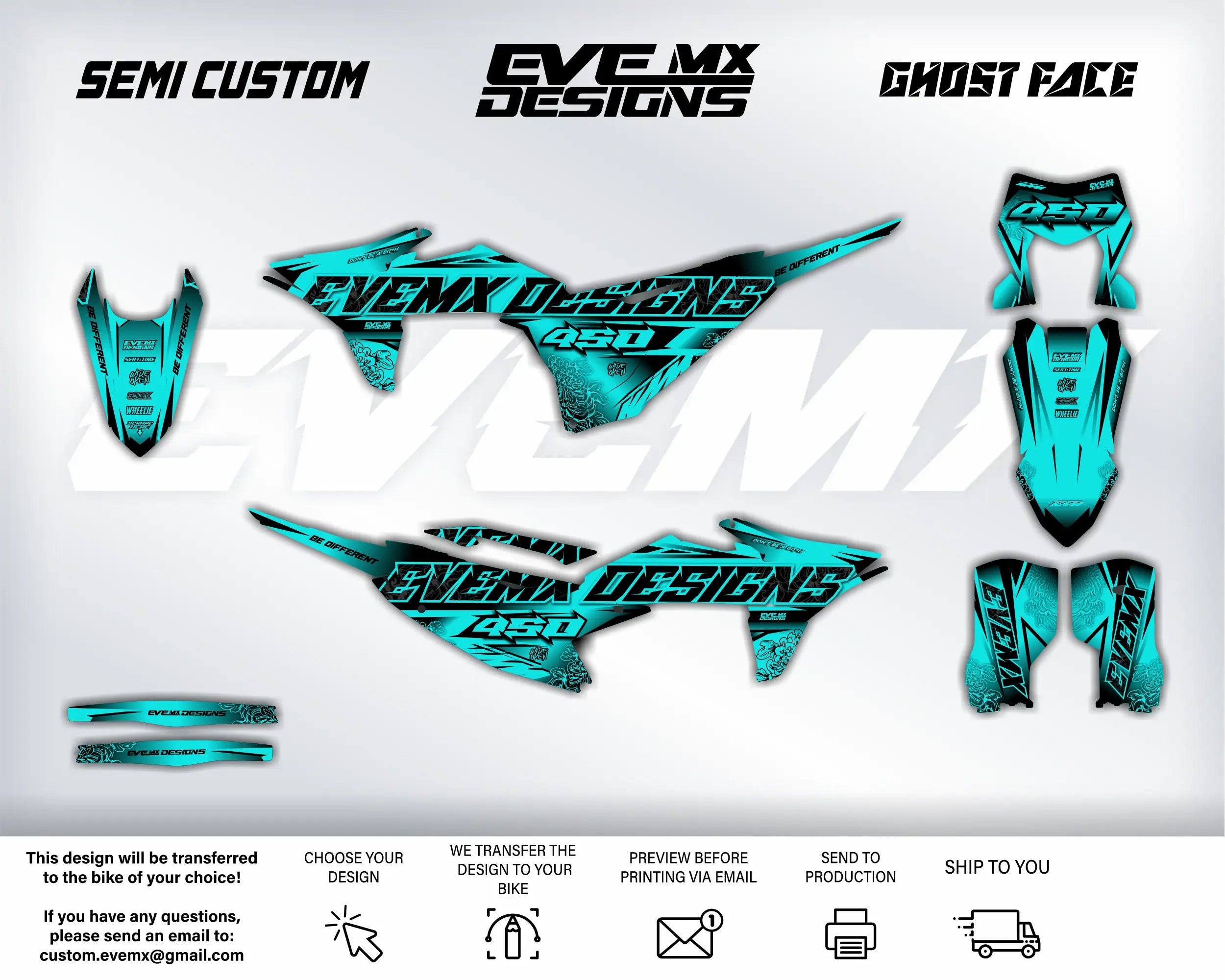 Motorcycle wrap design with 'EveMX Designs' branding on a white background