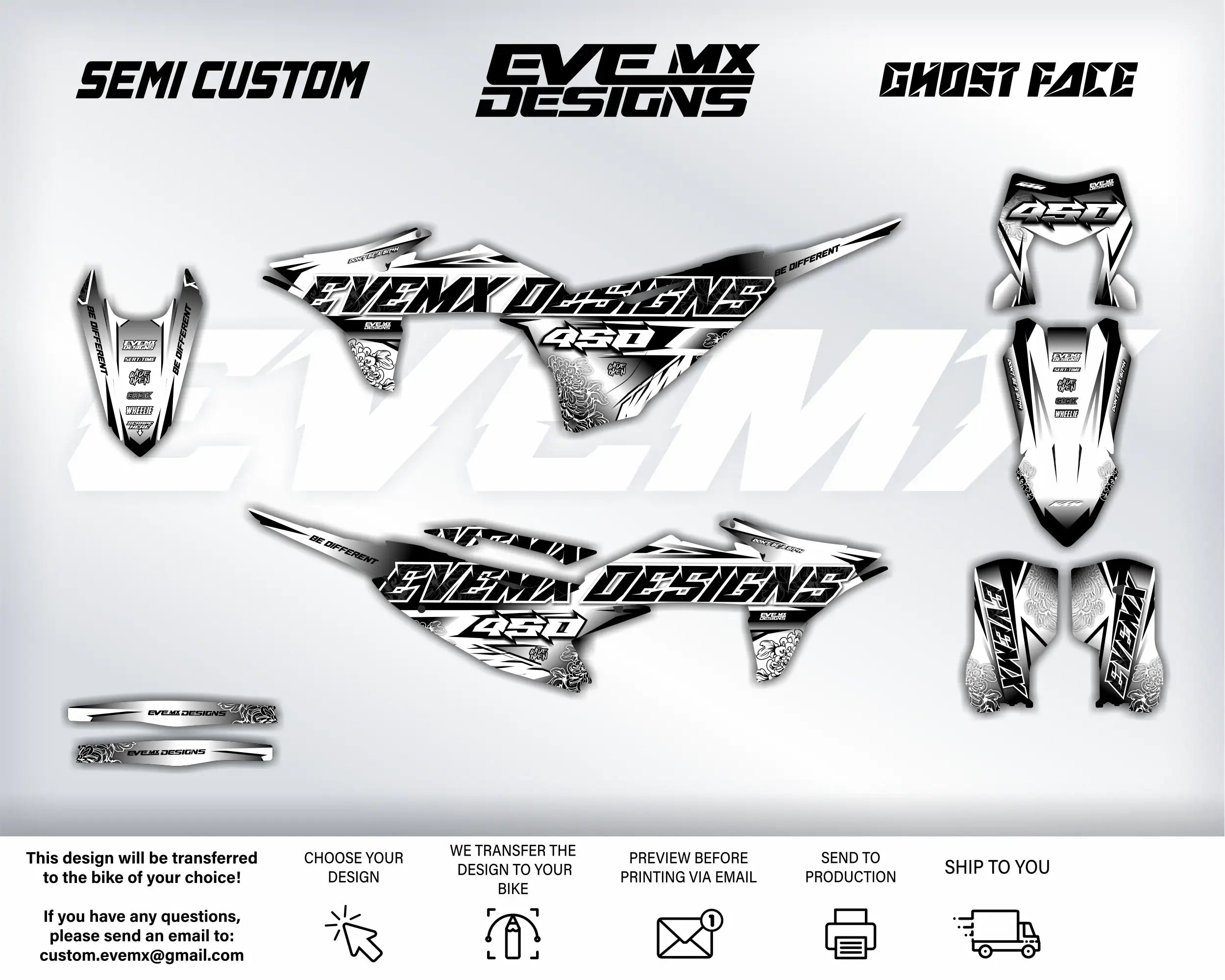 Motorcycle graphics kit with 'EveMX Designs' branding on a white background