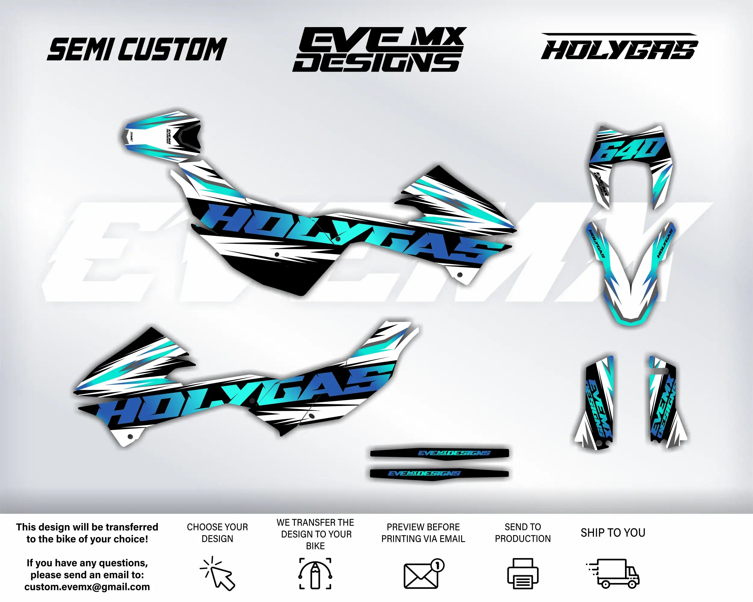 Motorcycle decals with 'Holygas' EveMx Designs branding on a gray background