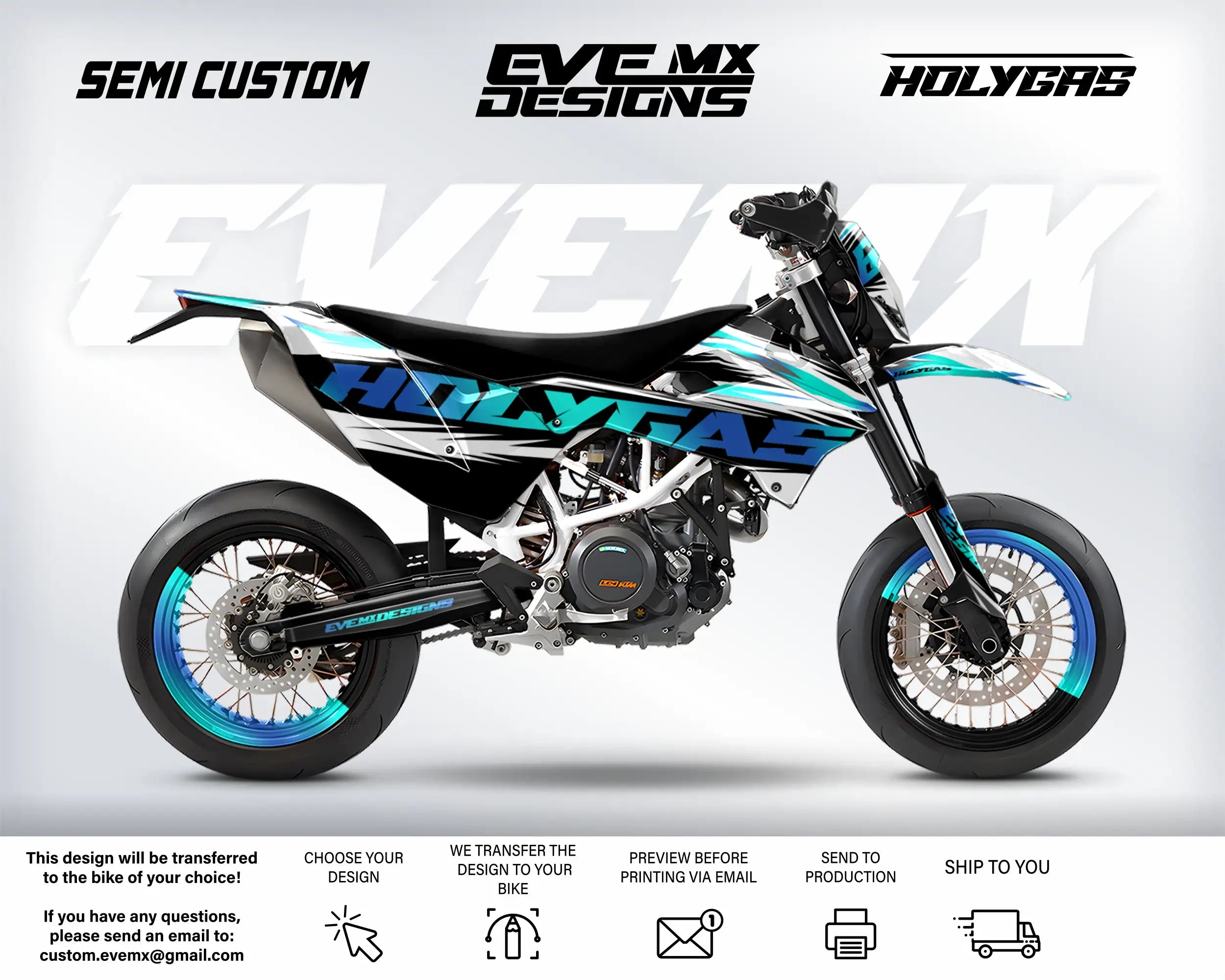Motorcycle with 'Holygas' branding on a white background, featuring 'Semi Custom' and 'EveMX Designs' text.