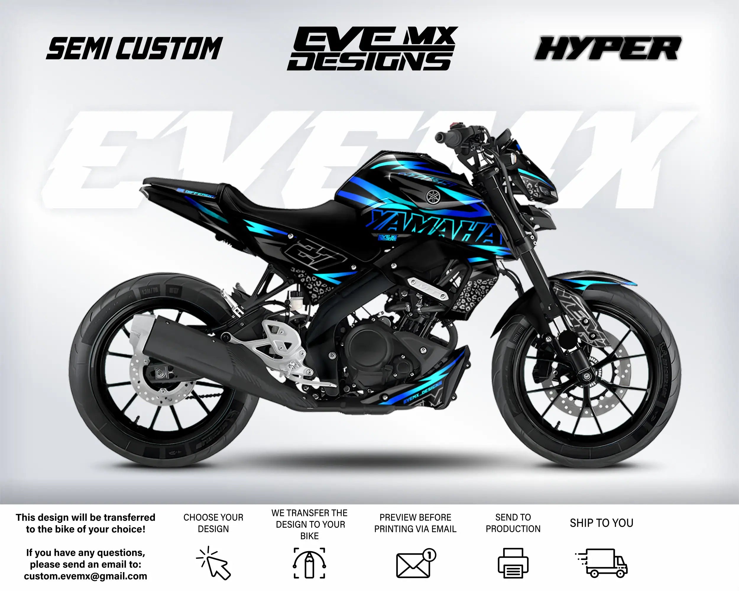 Yamaha motorcycle with custom design elements on a white background, featuring the brand 'EveMX Designs'.