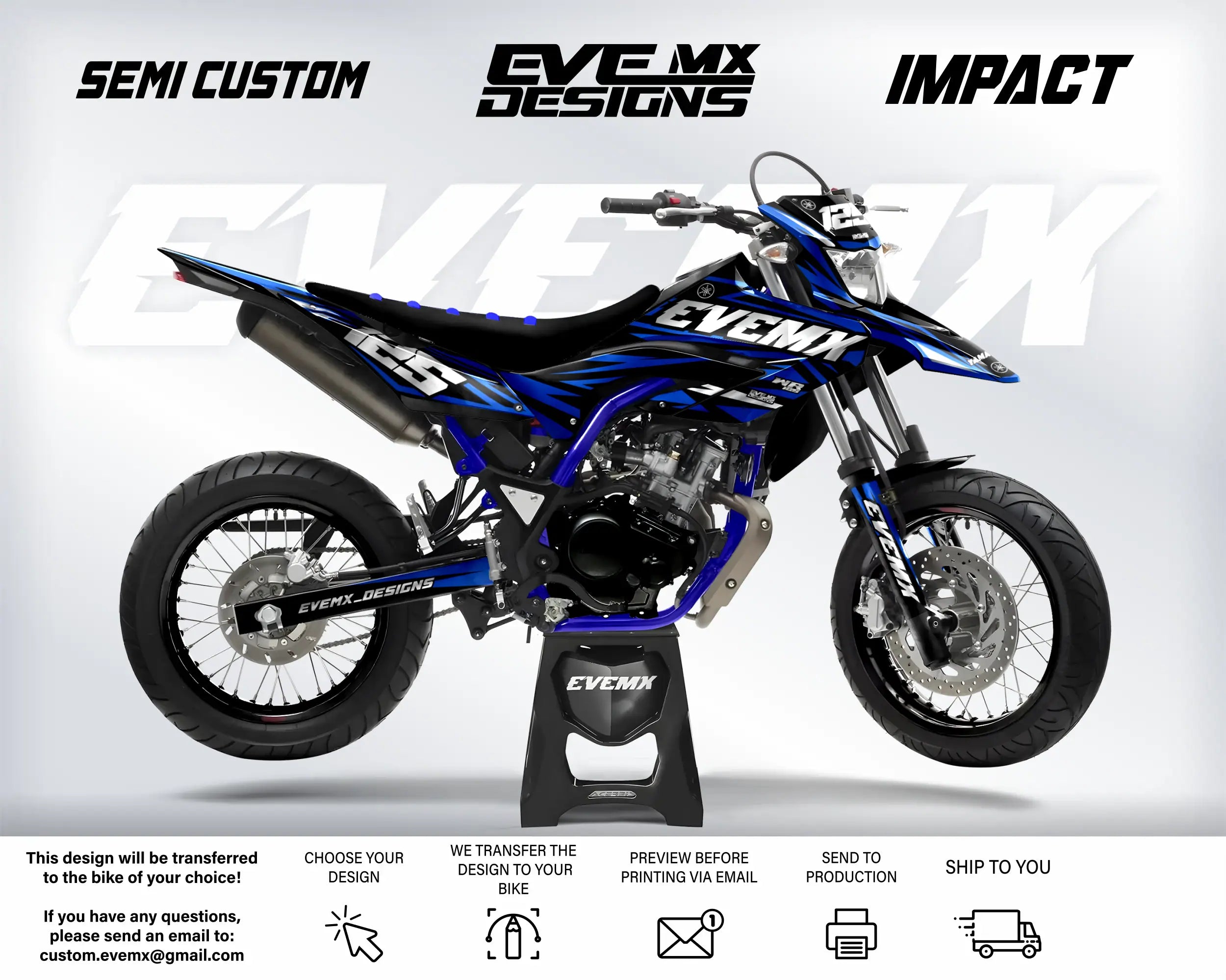 Blue dirt bike with 'EveMX Designs' branding on a white background