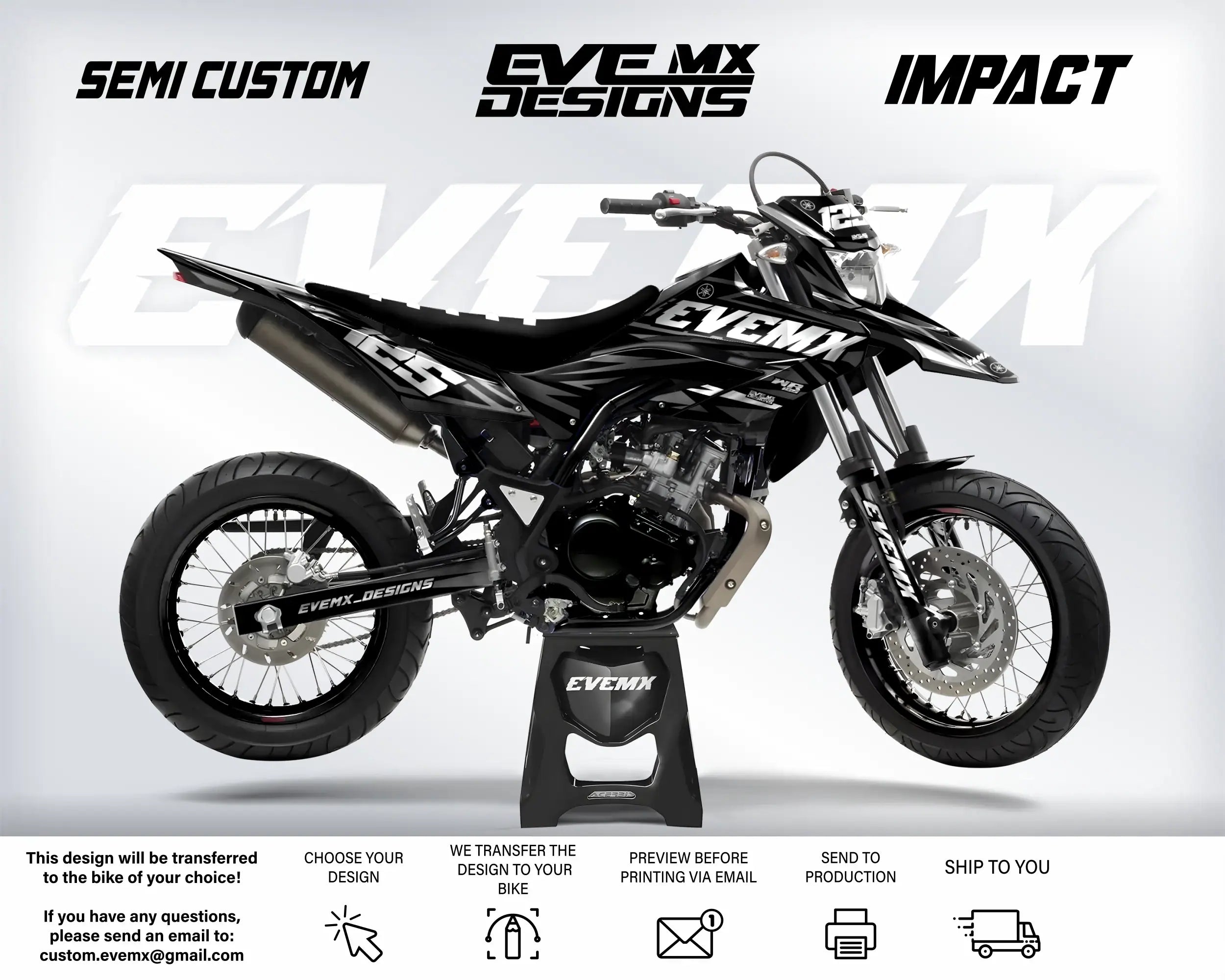 Motorcycle with 'EveMX Designs' branding on a white background