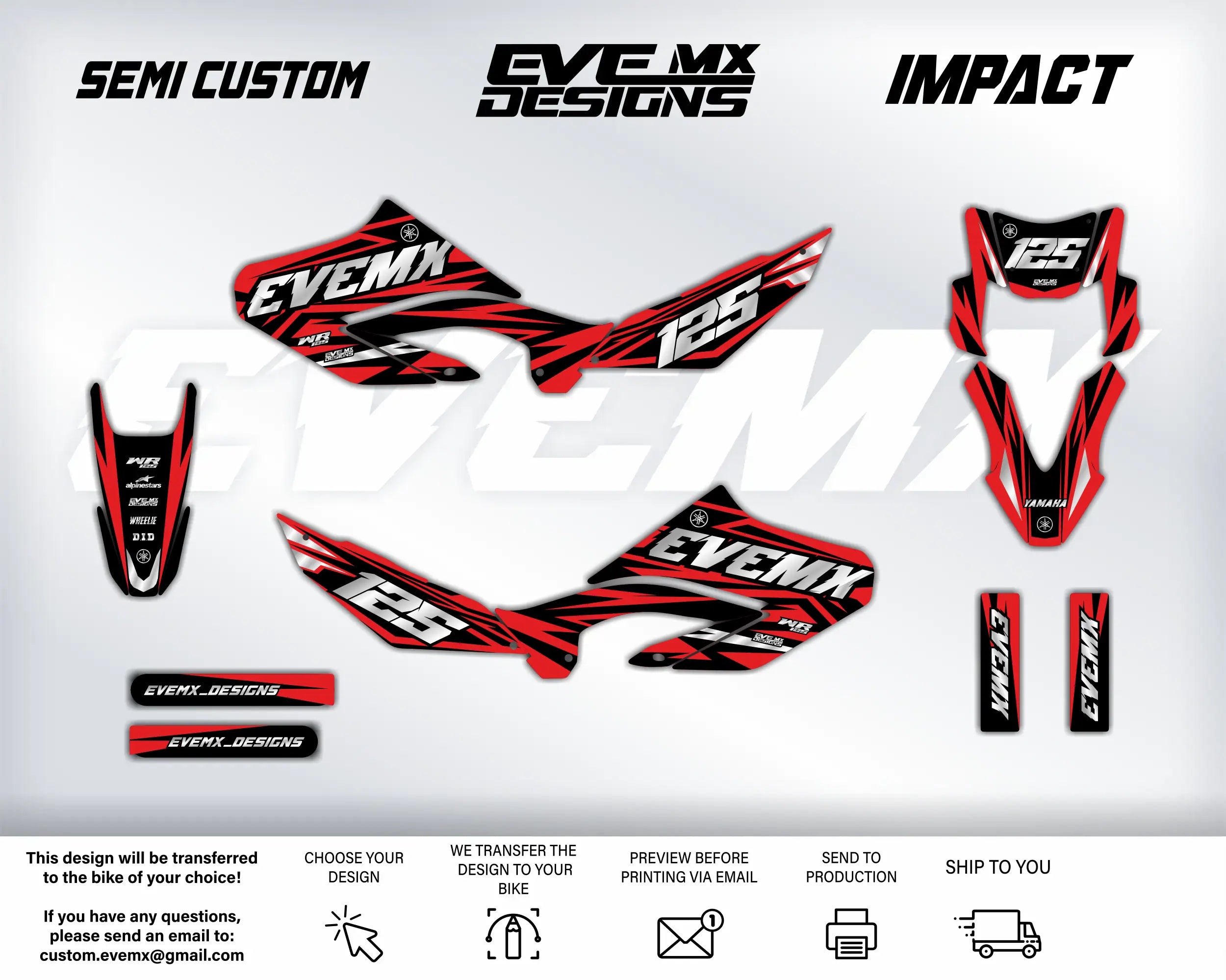 EVEMX Designs motorcycle wrap design with branding and customization options on a white background.