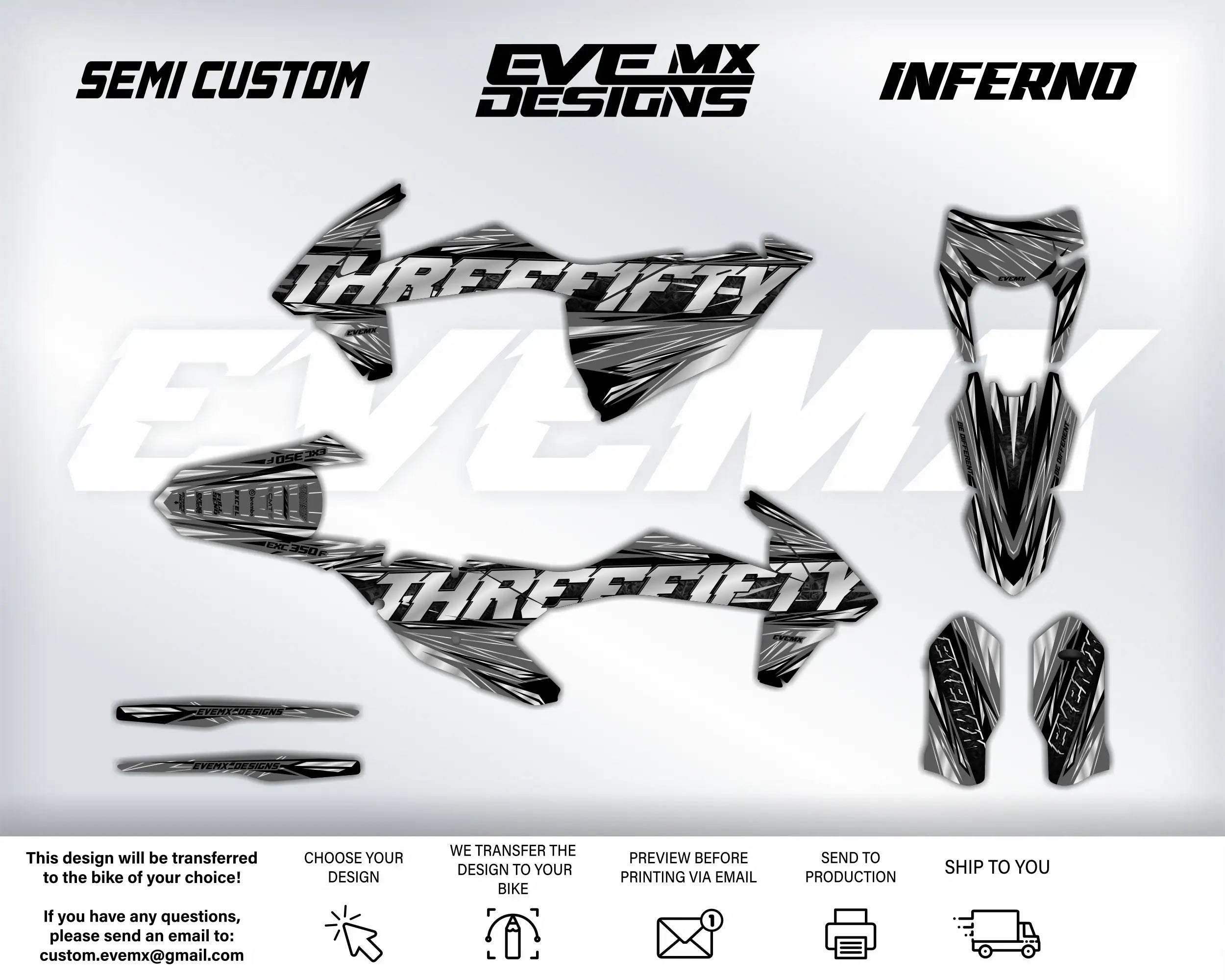 Motorcycle wrap design with 'Semi Custom', 'EveMX Designs', and 'Inferno' branding on a white background.