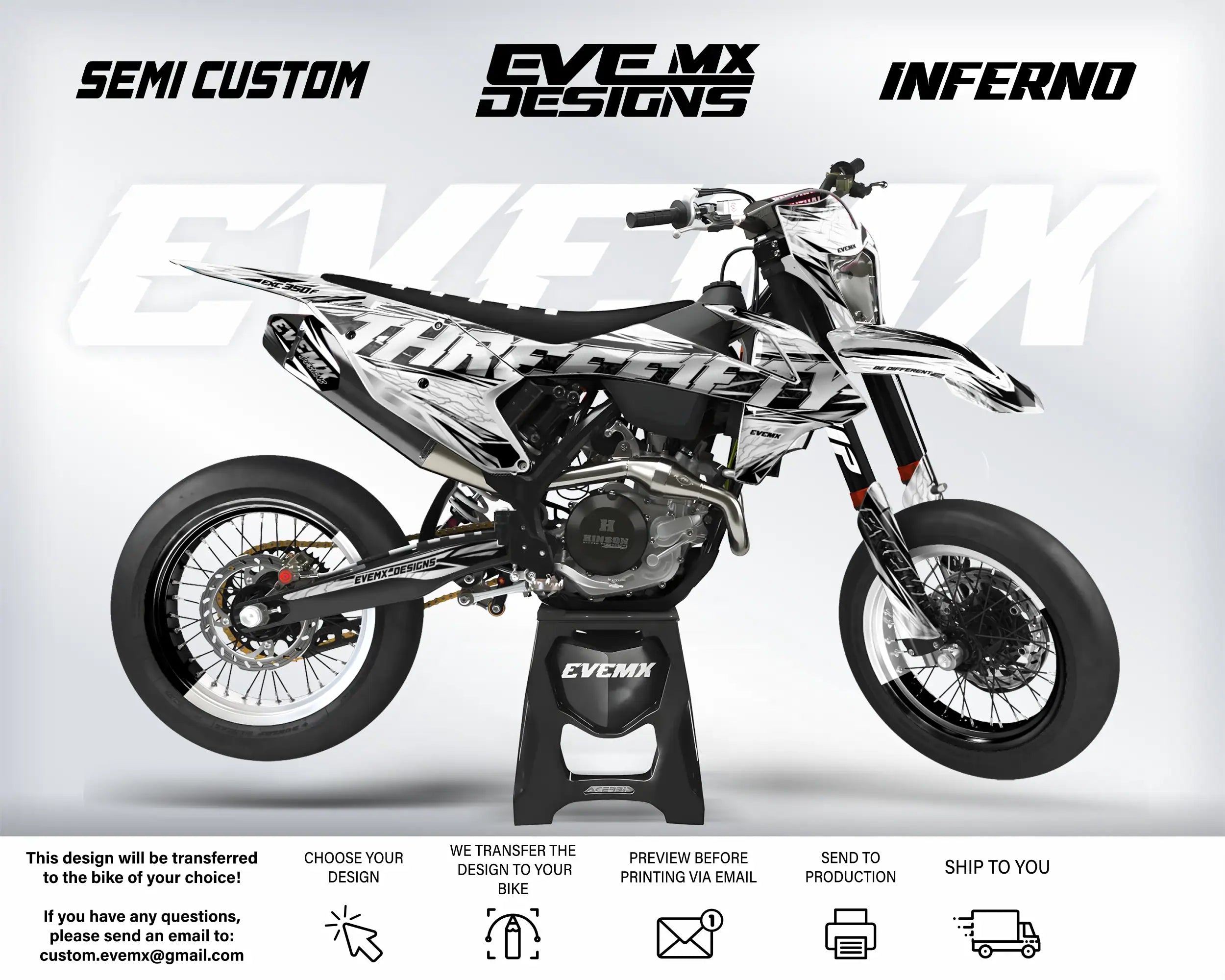 Motorcycle with 'EveMX Designs' branding on a white background