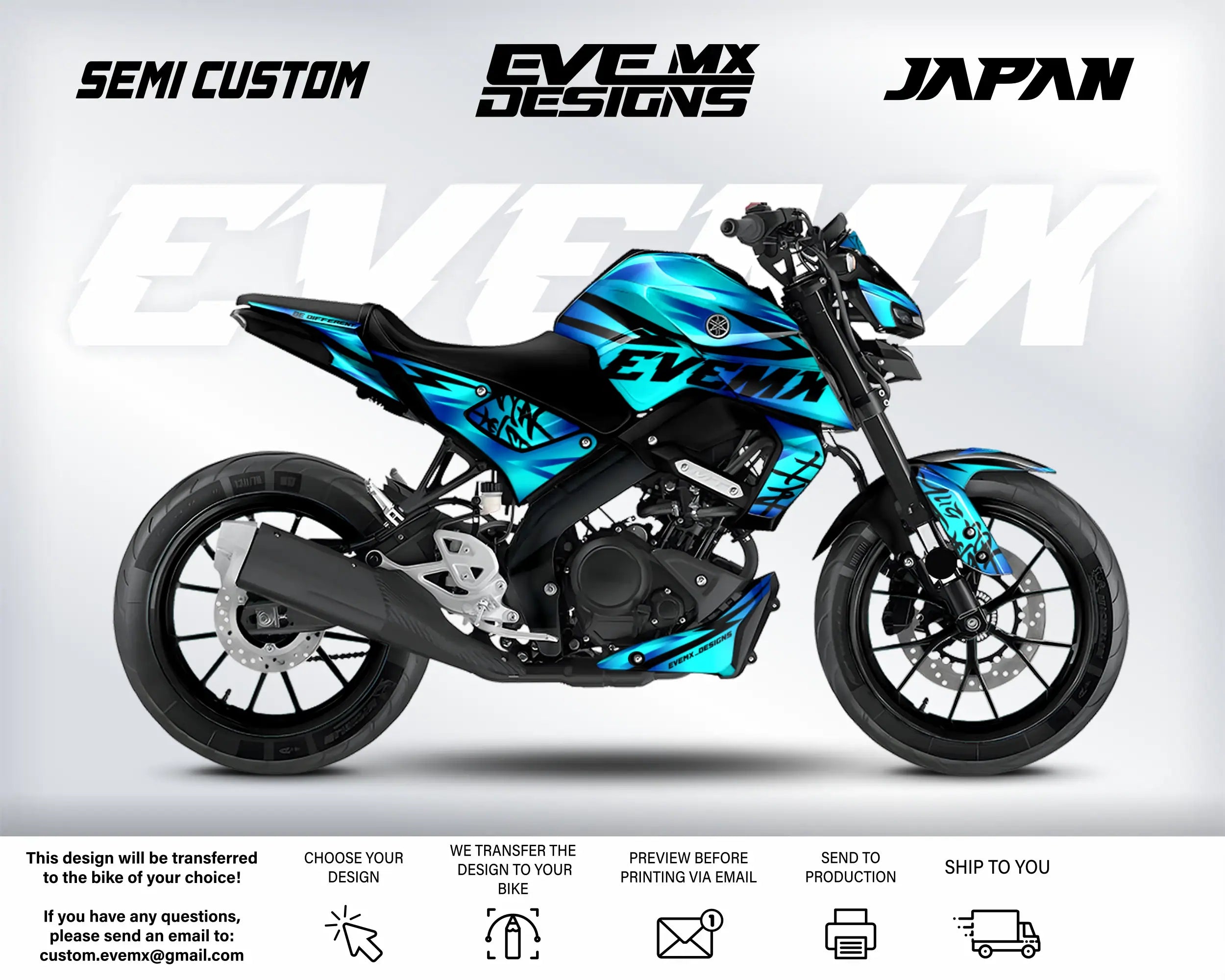 Motorcycle with blue and black design on a white background, featuring 'EveMX Designs' branding.