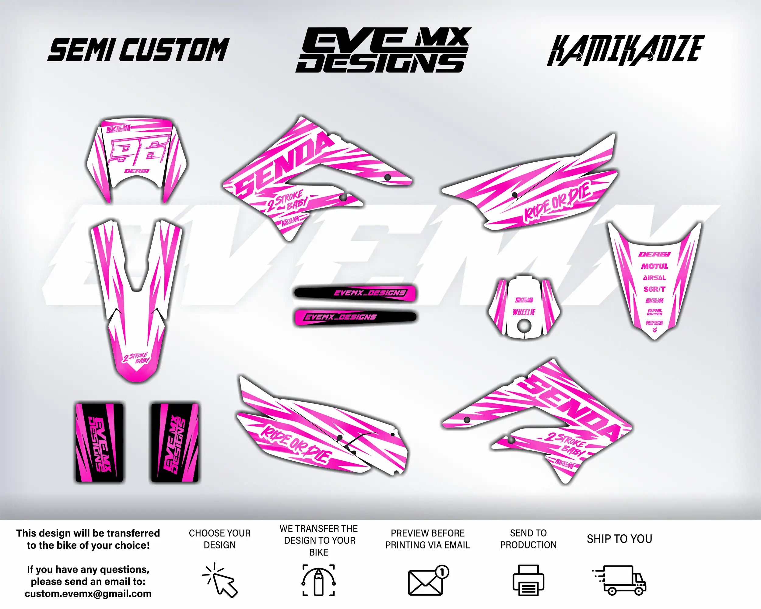 Collection of pink and black motorcycle decals with EveMx Designs branding on a white background
