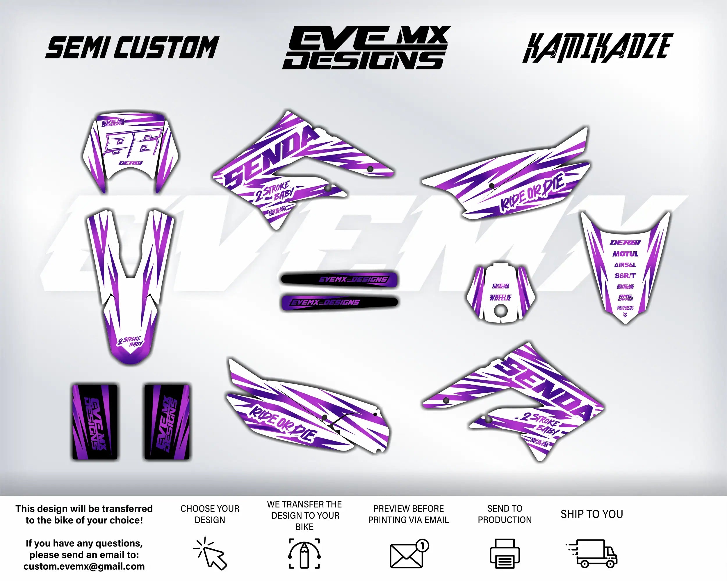 Collection of purple and white motorcycle decals with EveMx Designs branding on a gray background