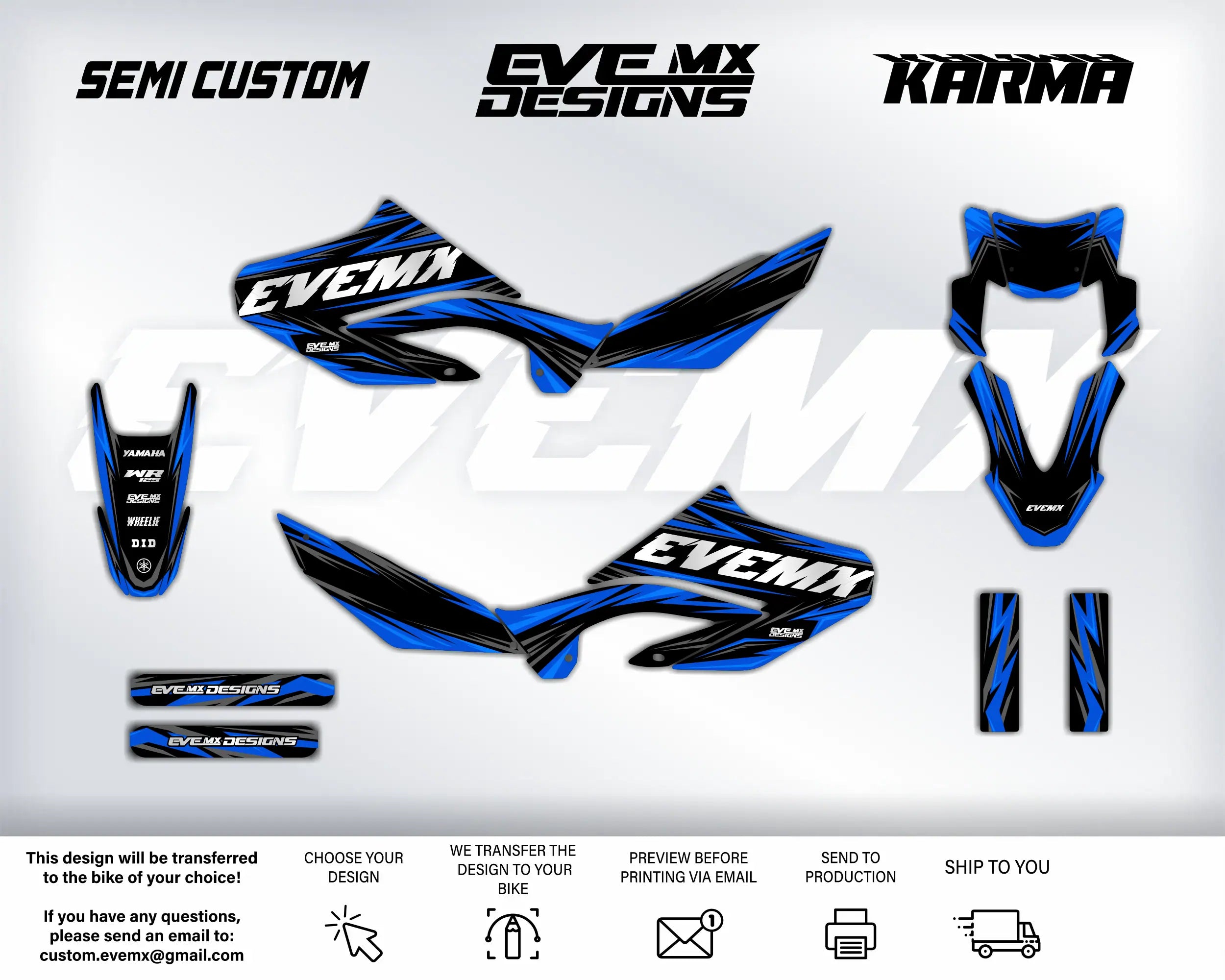 Motorcycle wrap design kit with 'EveMX Designs' branding on a white background