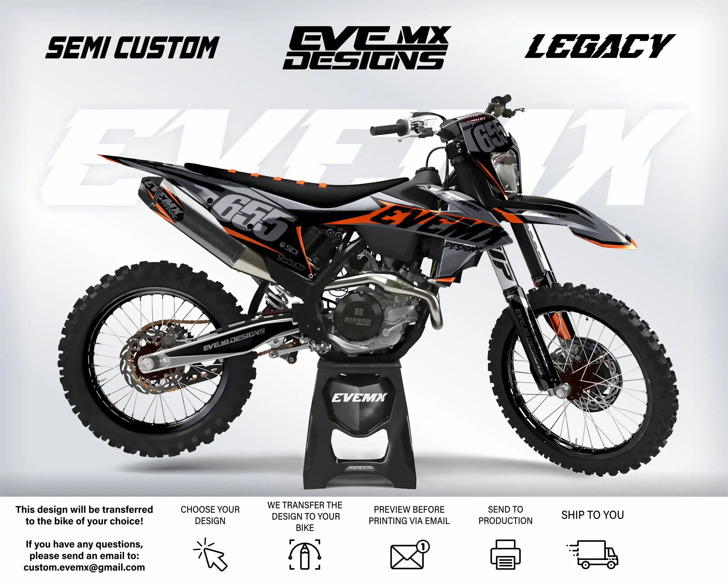 Motocross bike with 'EveMX Designs' branding on a white background