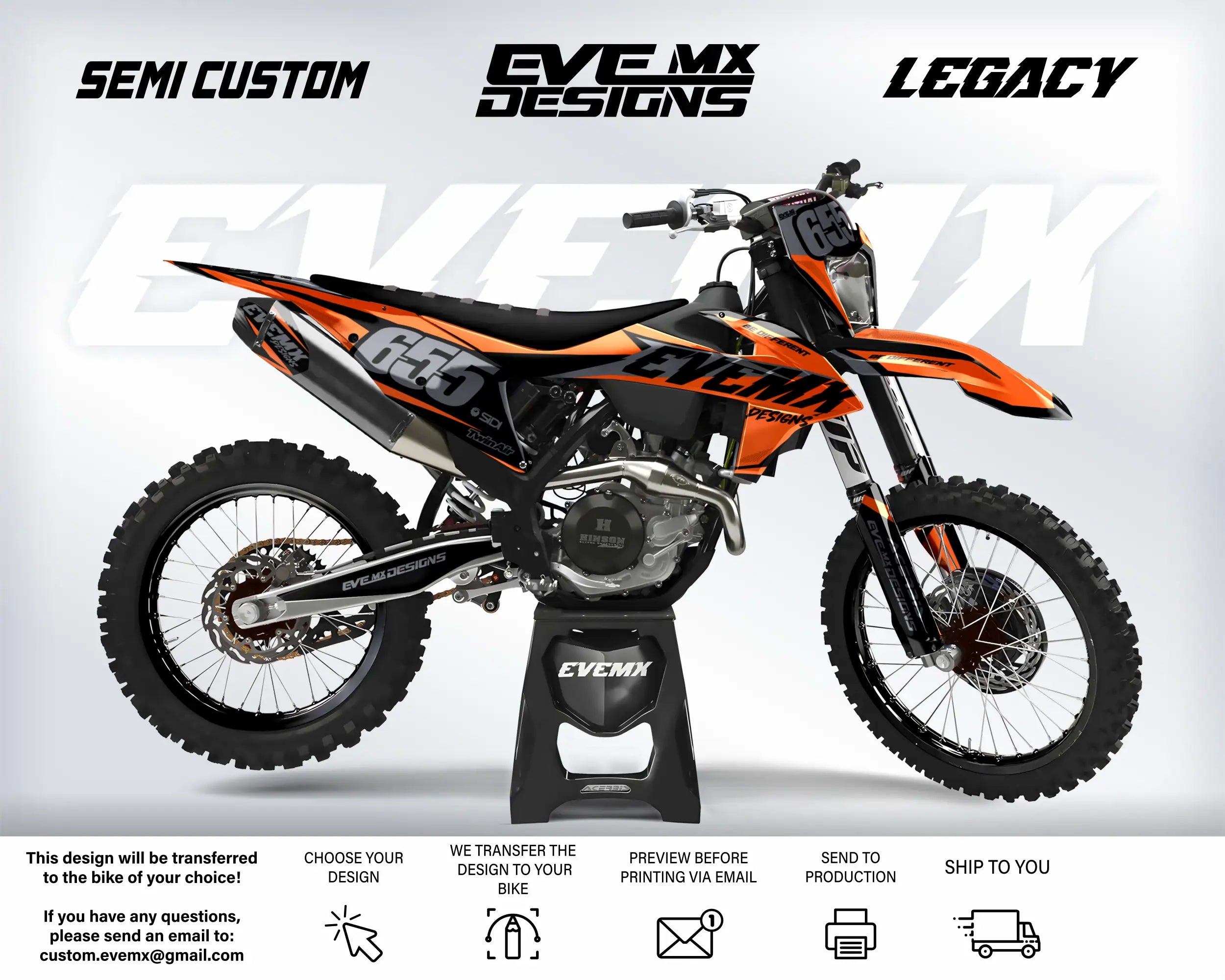 Orange and black dirt bike with 'EveMX Designs' branding on a white background