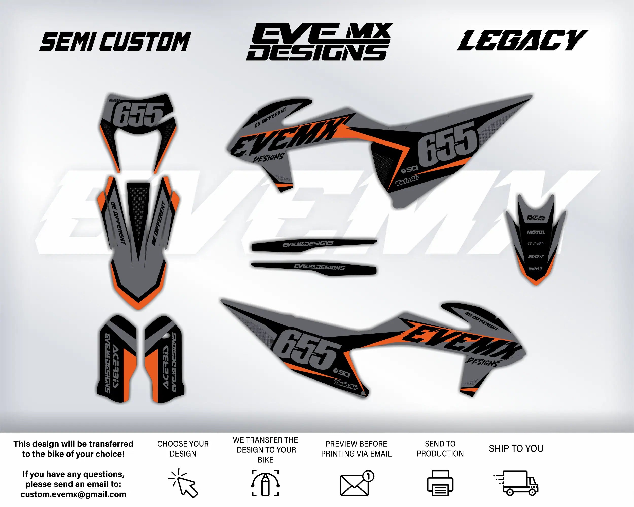 Motorcycle decals with 'EveMX Designs' branding on a white background