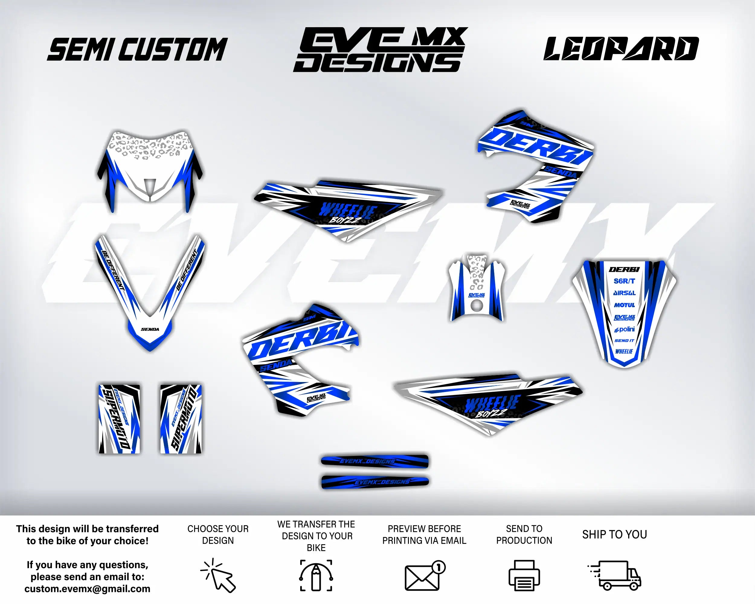 Collection of motorcycle decals with 'Semi Custom', 'EveMX Designs', and 'Leopard' branding on a white background.