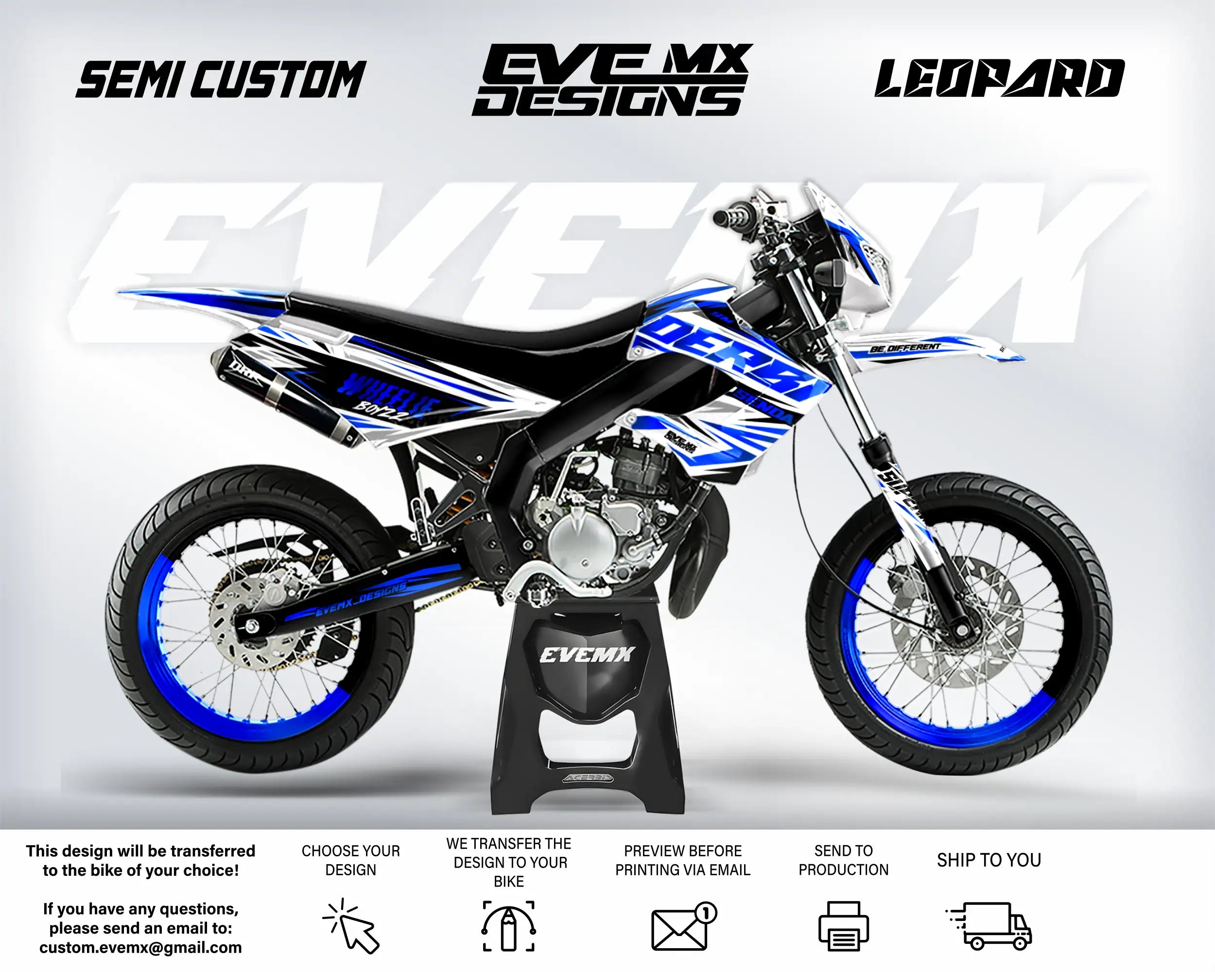 Motorcycle with 'EveMX Designs' branding on a white background