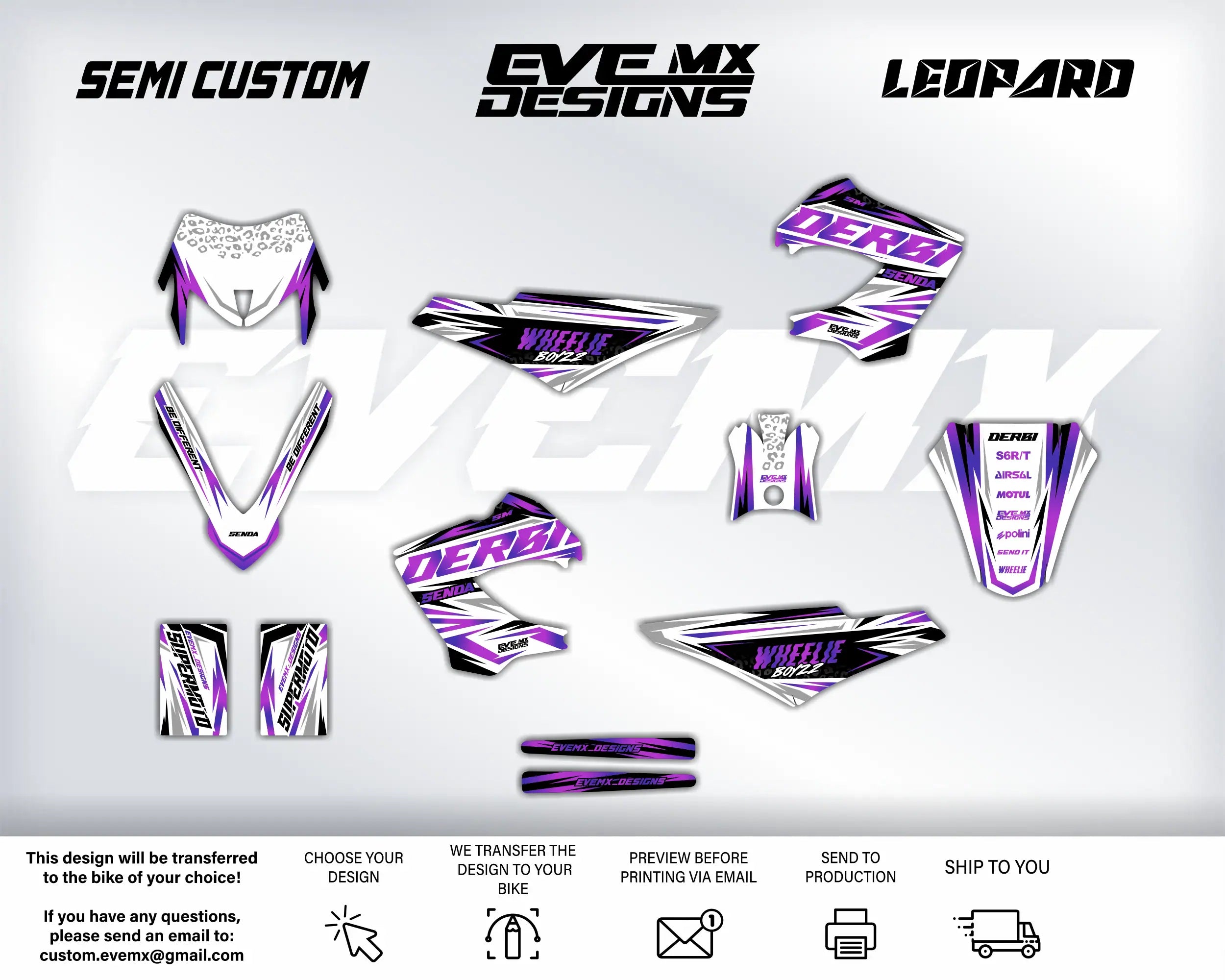 Motorcycle wrap design kit with 'EveMX Designs' branding on a white background