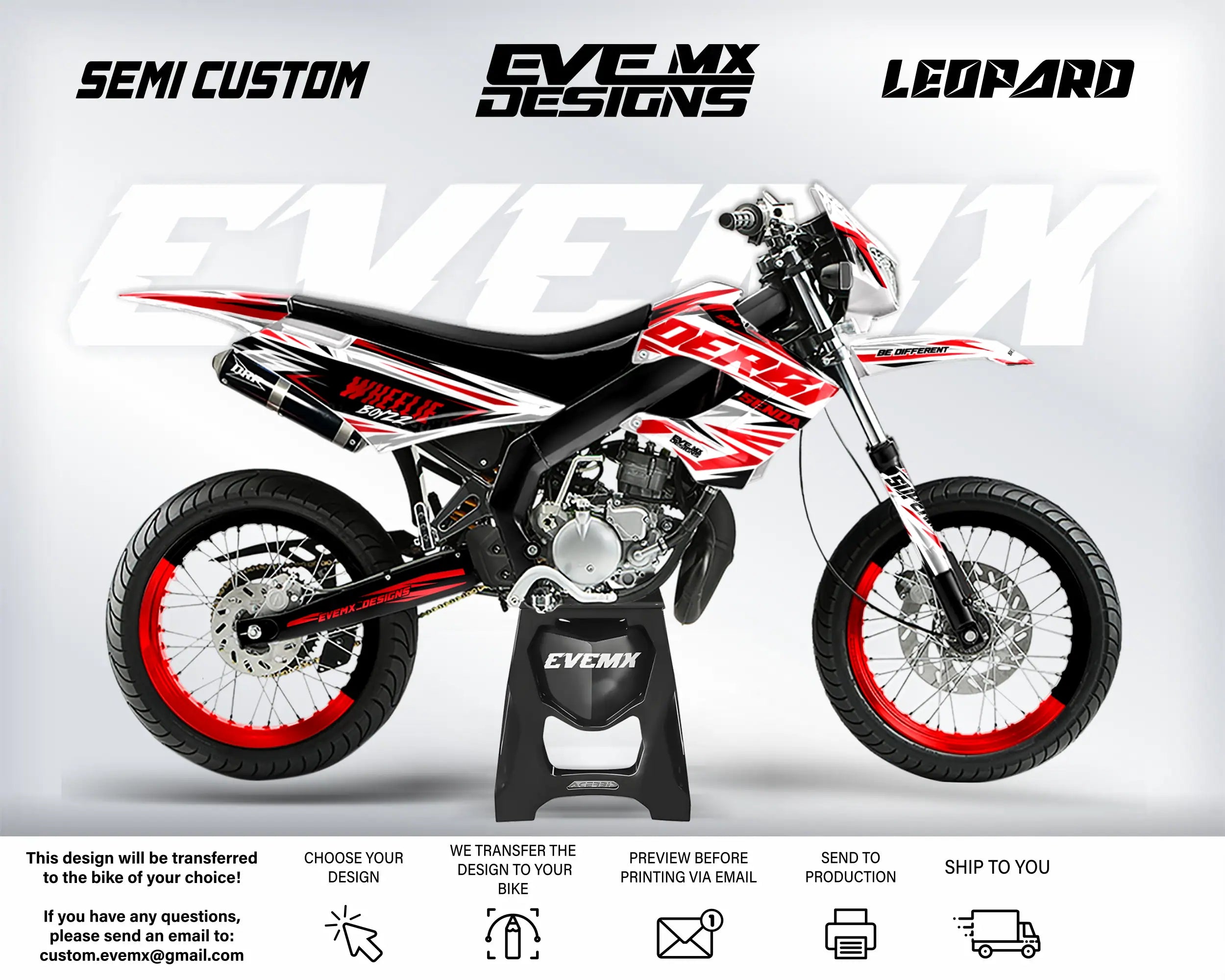 Motorcycle with 'EveMX Designs' branding on a white background
