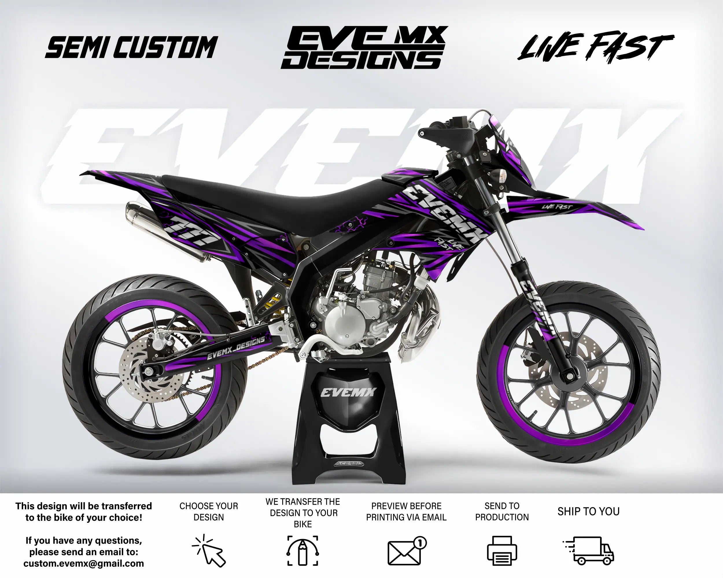 Motorcycle with purple and black design on a white background, featuring 'EveMX Designs' branding.